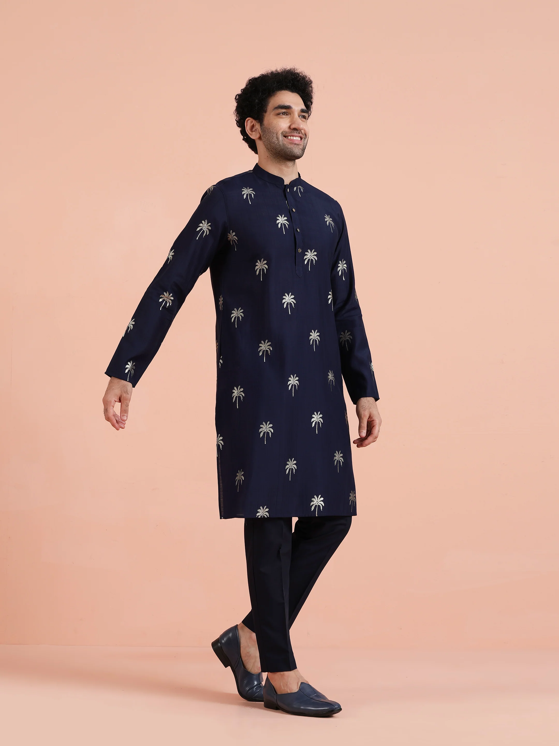 Navy Blue Polyrayon Gold Printed Kurta Trouser Set - Image 3
