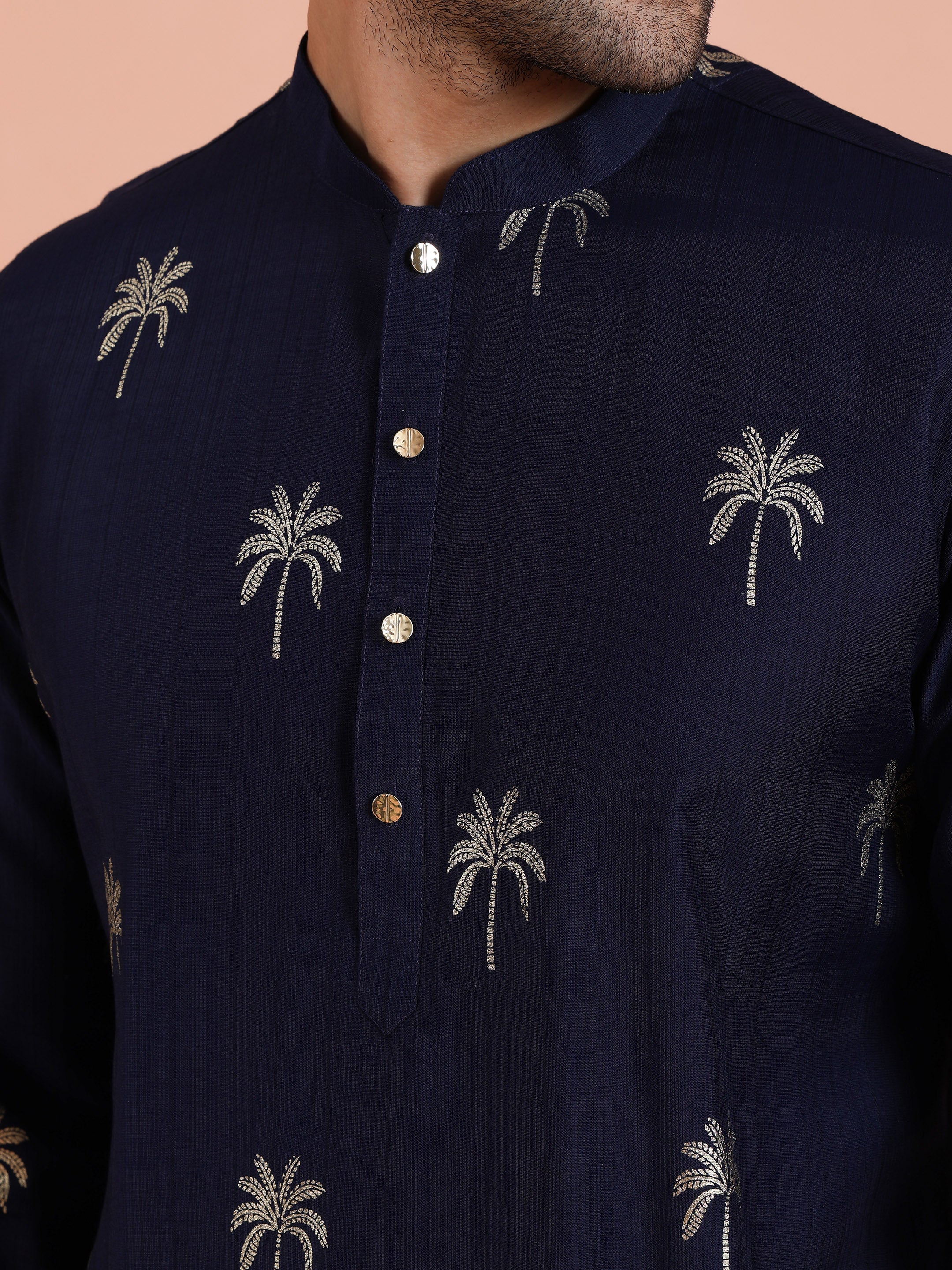 Navy Blue Polyrayon Gold Printed Kurta Trouser Set - Image 5