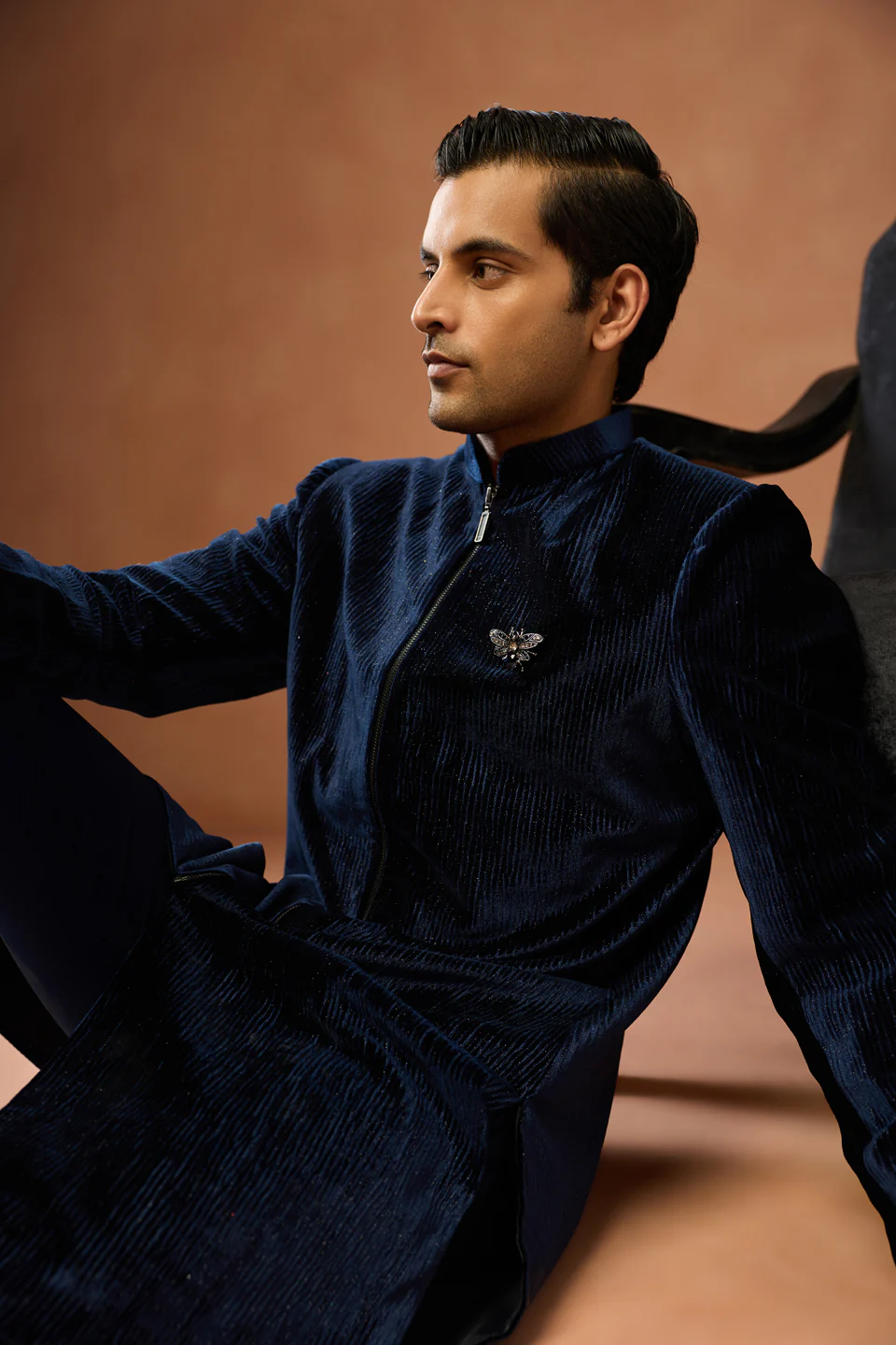 Navy Blue Velvet Zipper Sherwani Trouser Set - Image 7