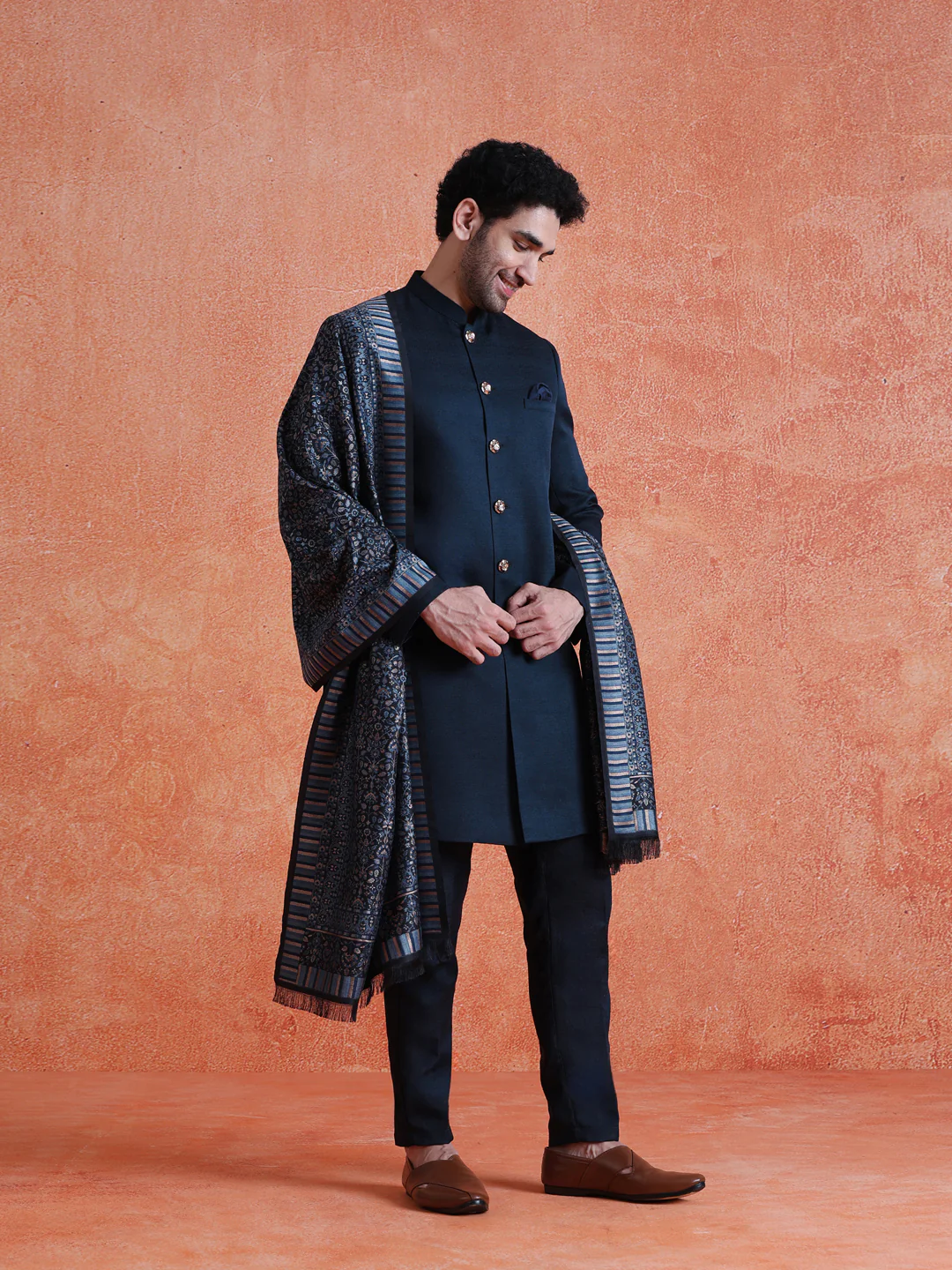 Navy Blue Polyviscose Solid Sherwani Trouser Set With Dupatta