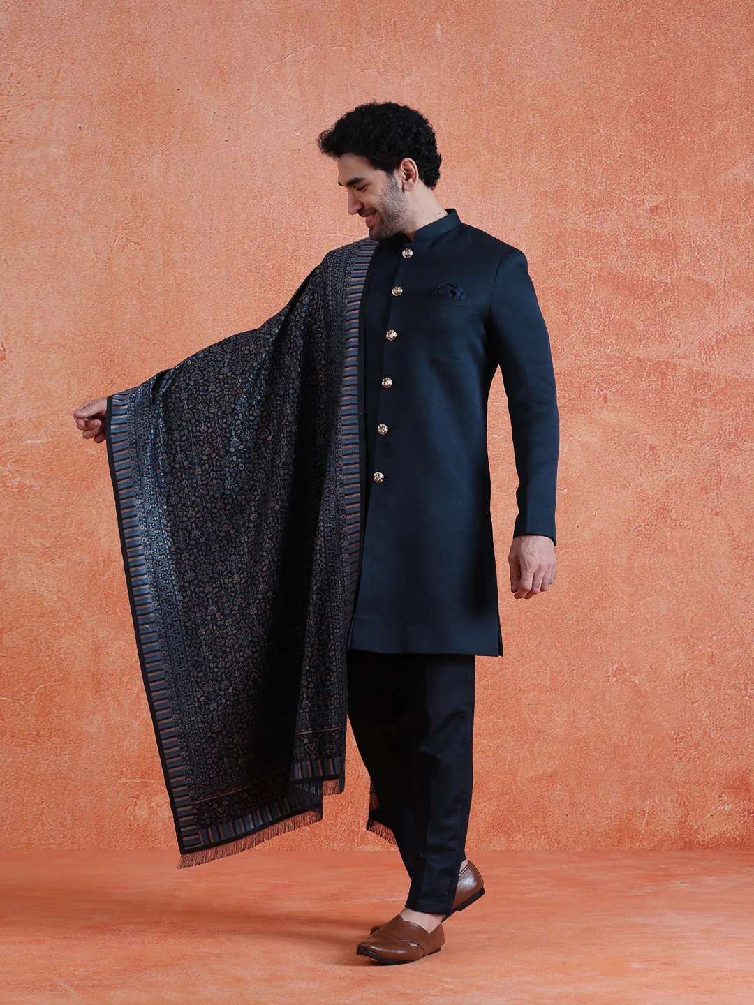Navy Blue Polyviscose Solid Sherwani Trouser Set With Dupatta - Image 2