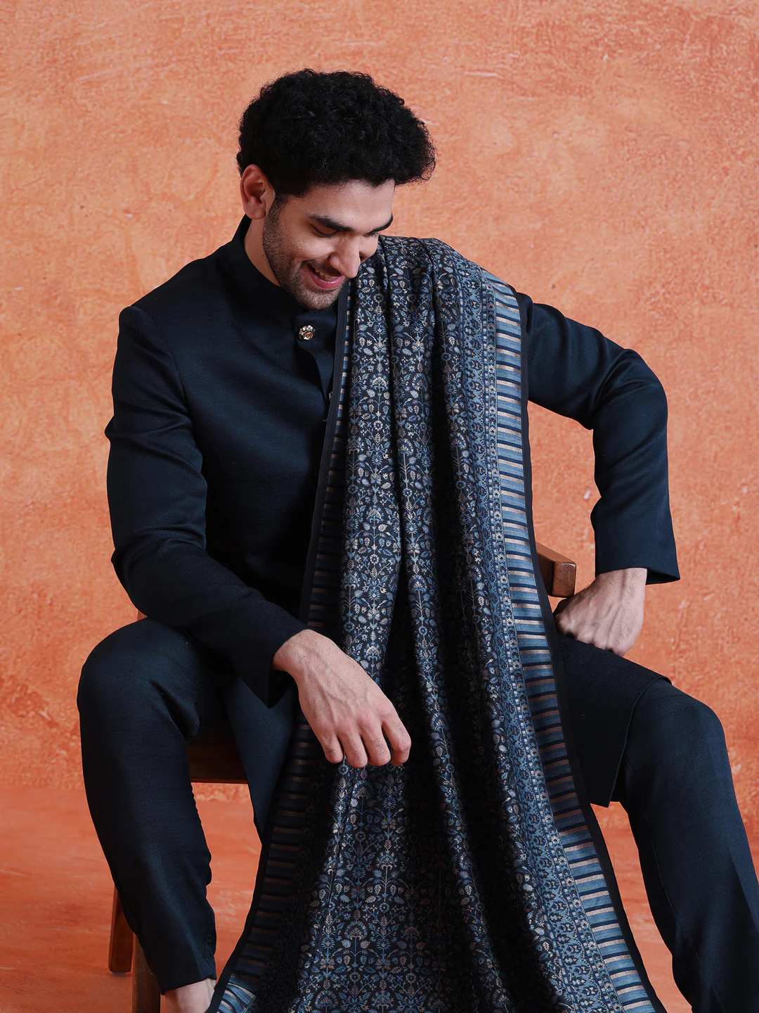 Navy Blue Polyviscose Solid Sherwani Trouser Set With Dupatta - Image 9
