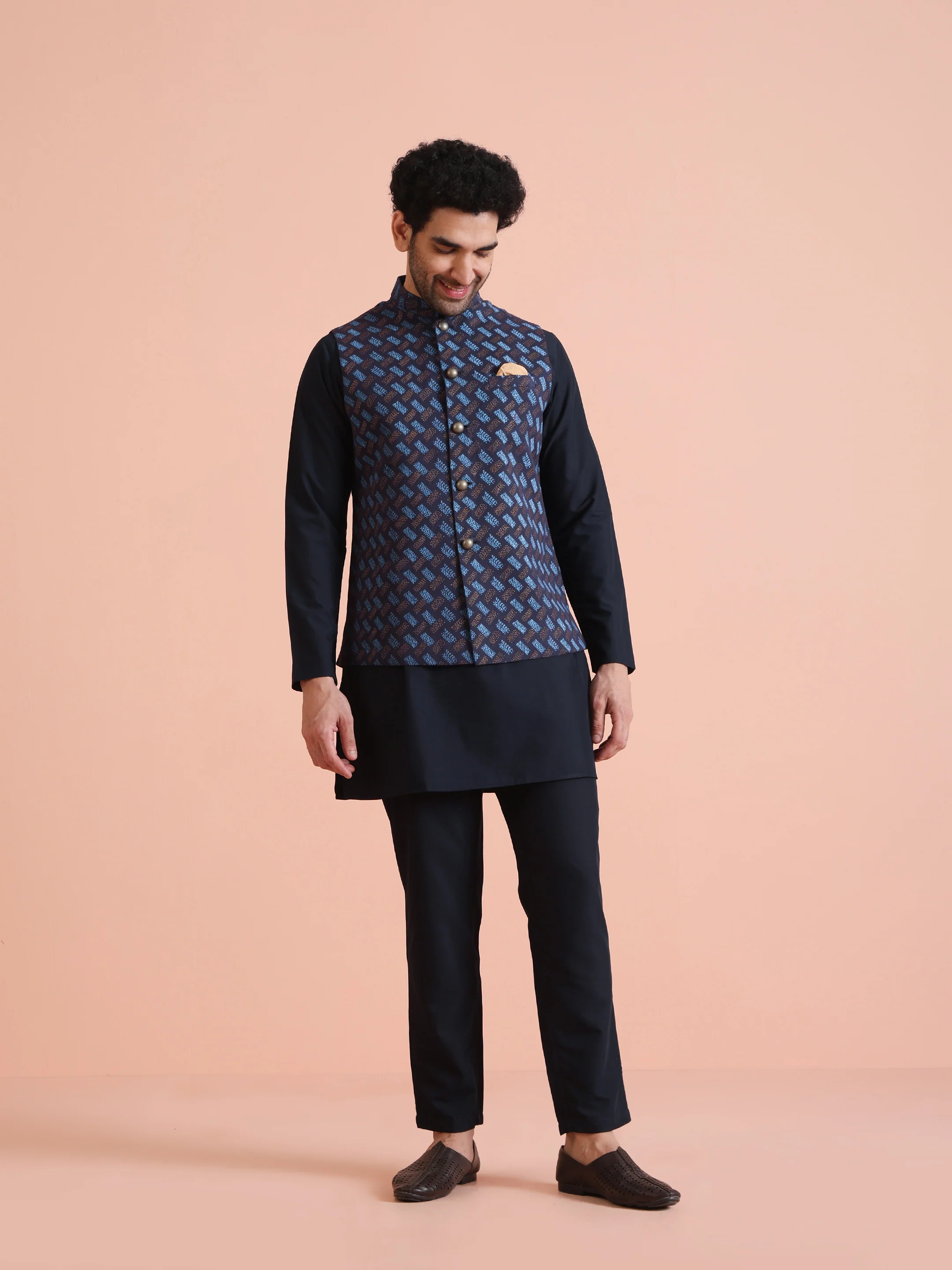 Navy Blue Printed Cotton Blend Kurta Jacket Set - Image 8