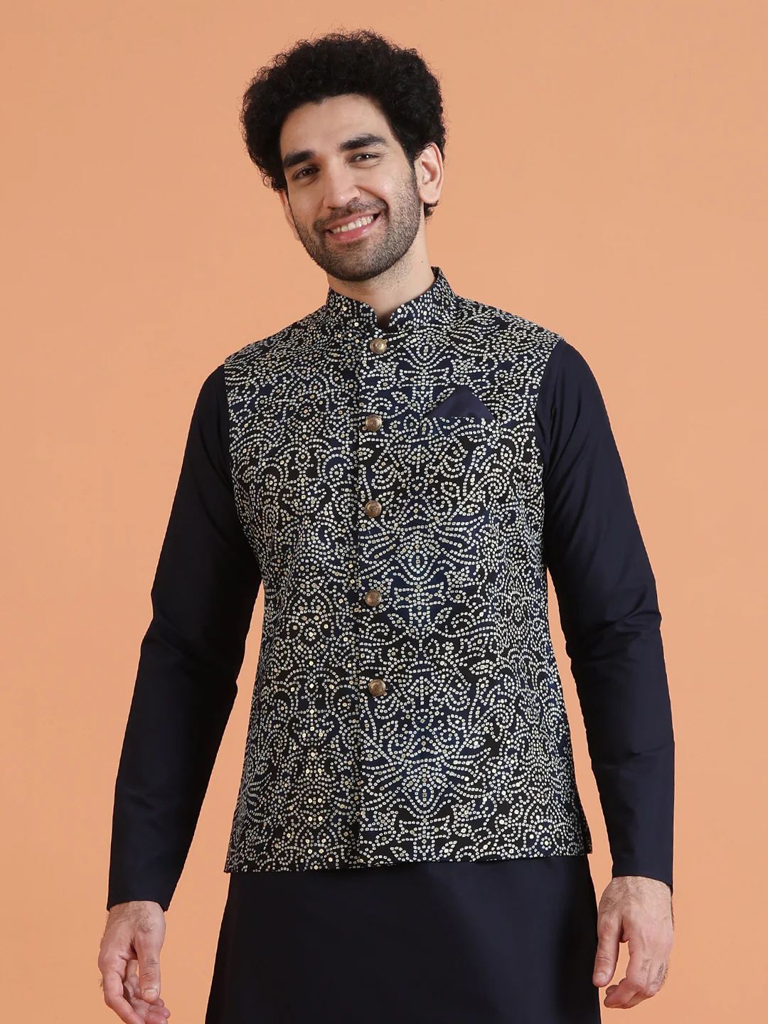 Navy Blue Silk Blend Printed Nehru Jacket