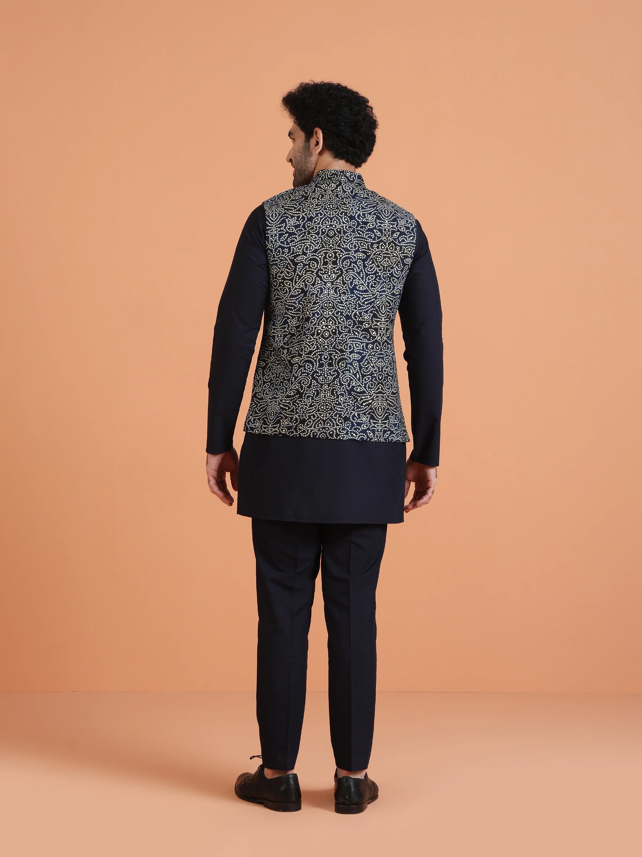 Navy Blue Silk Blend Printed Nehru Jacket - Image 3