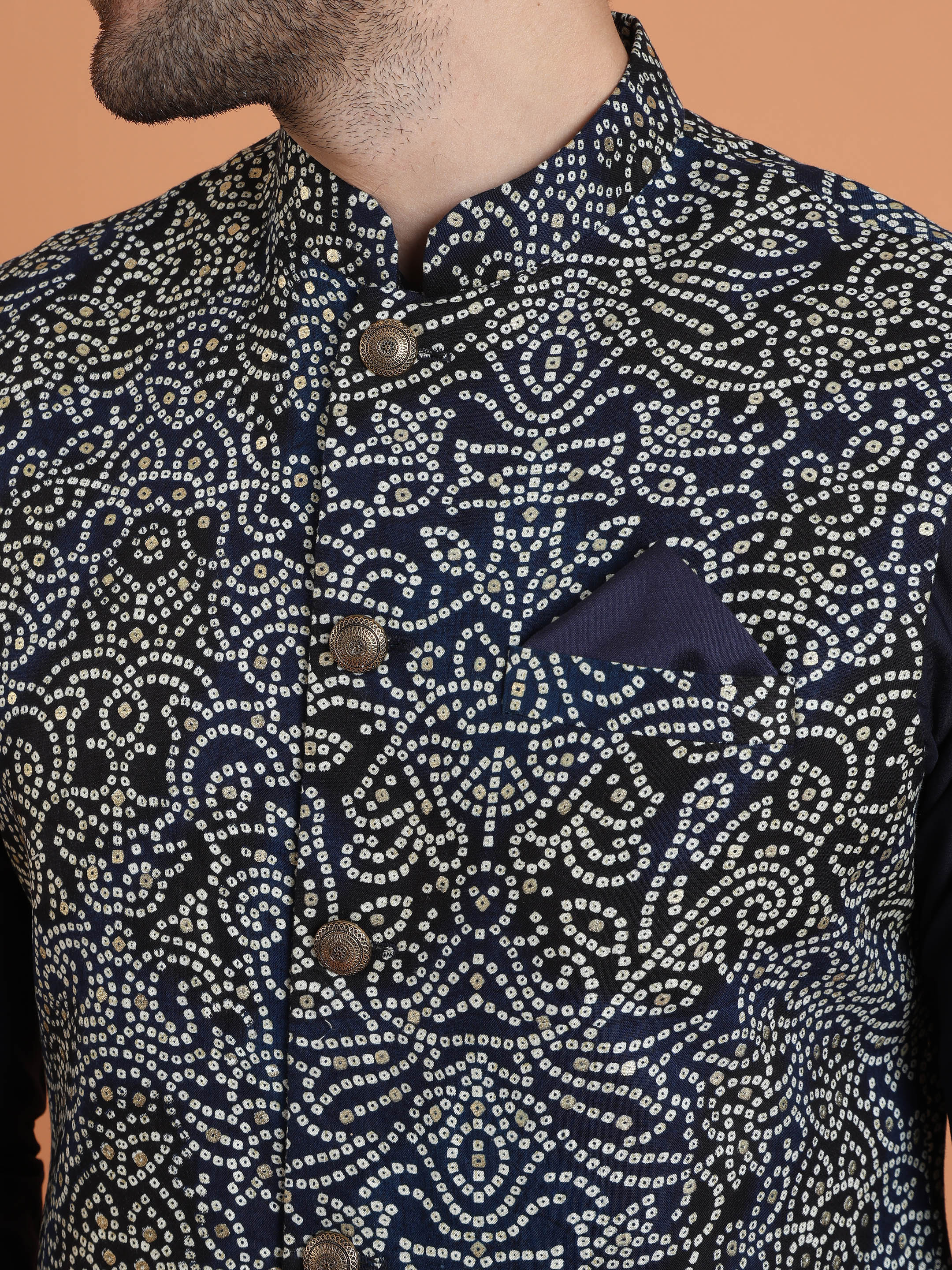Navy Blue Silk Blend Printed Nehru Jacket - Image 4