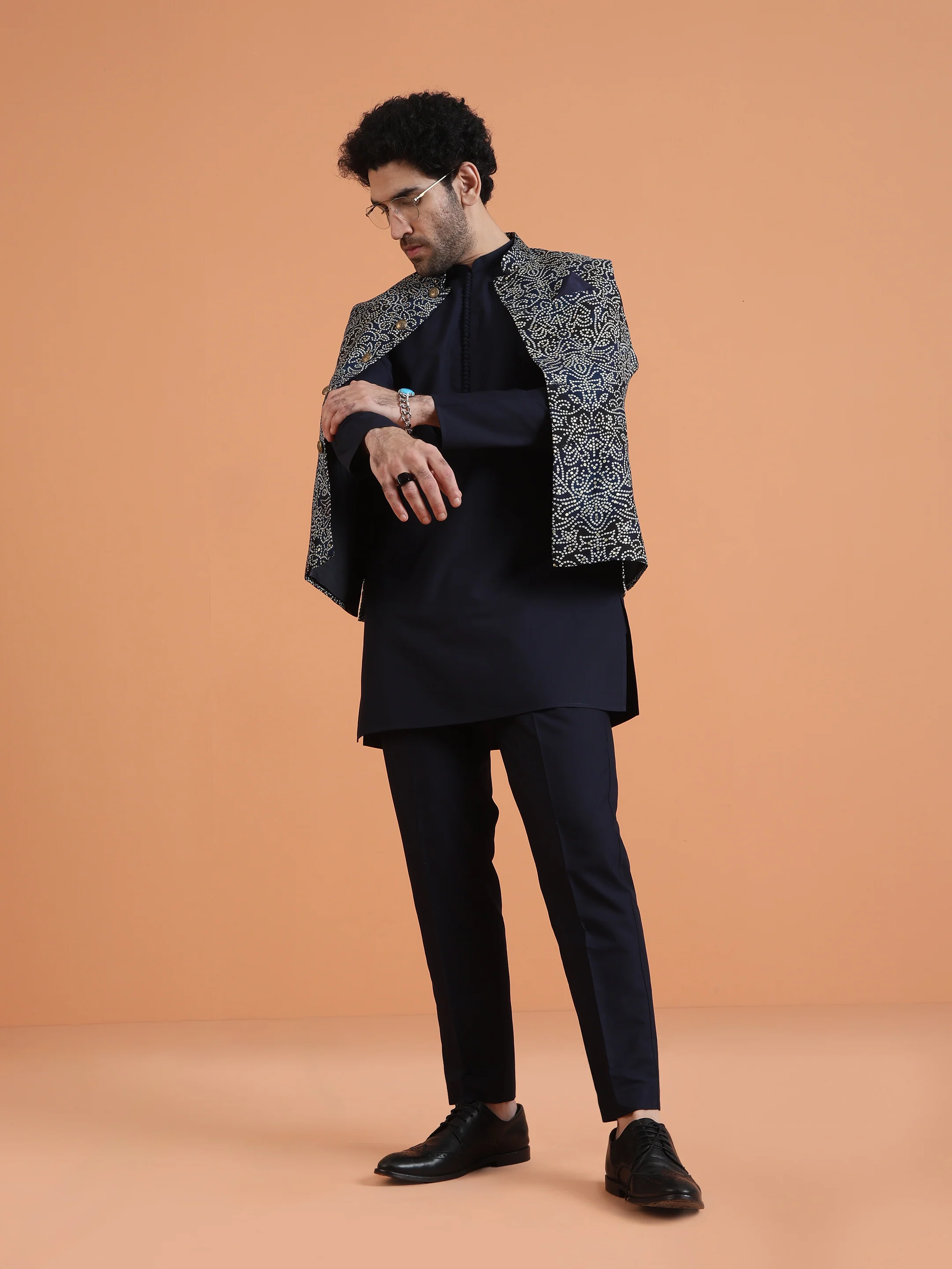 Navy Blue Silk Blend Printed Nehru Jacket - Image 5