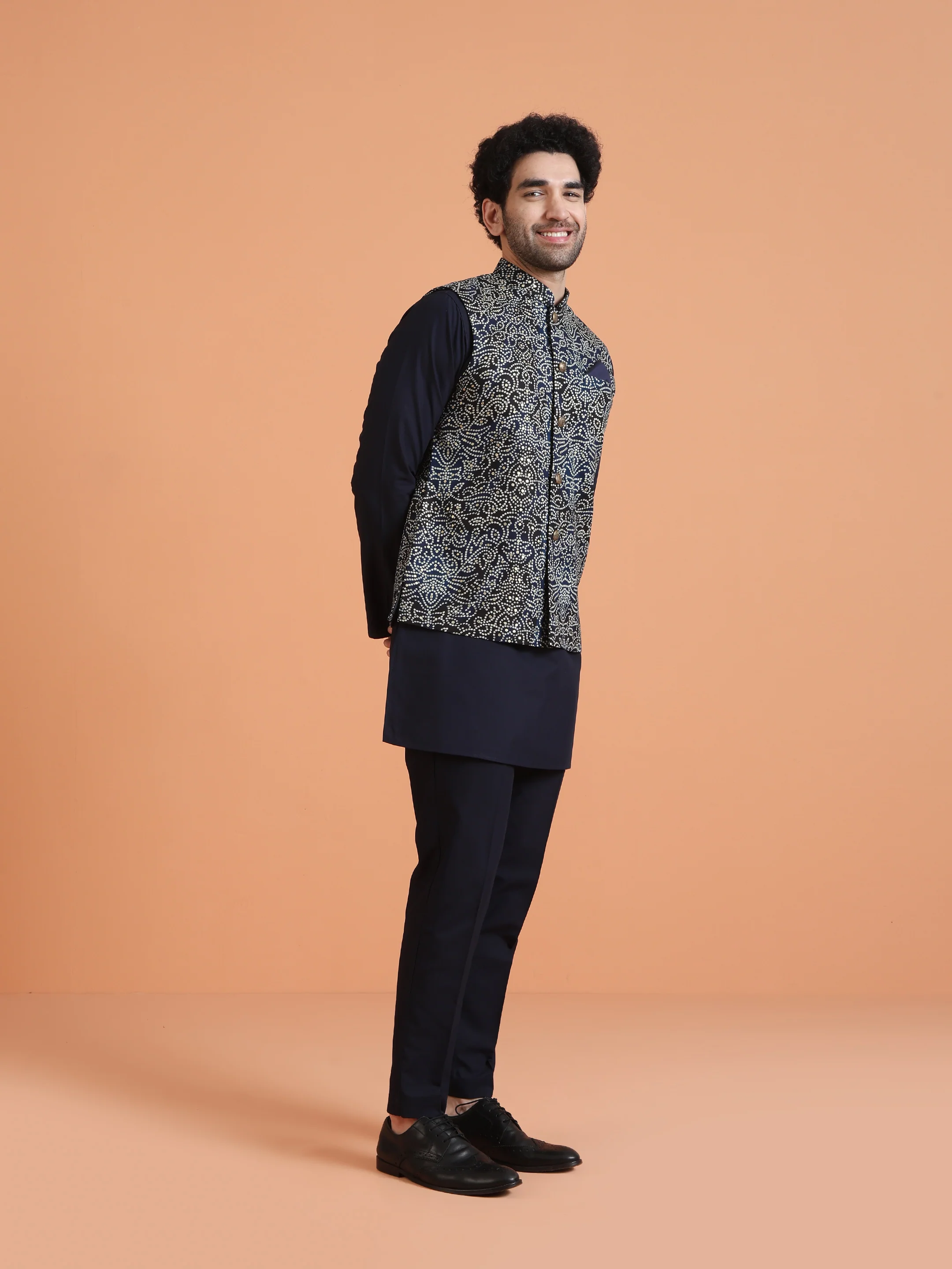 Navy Blue Silk Blend Printed Nehru Jacket - Image 6