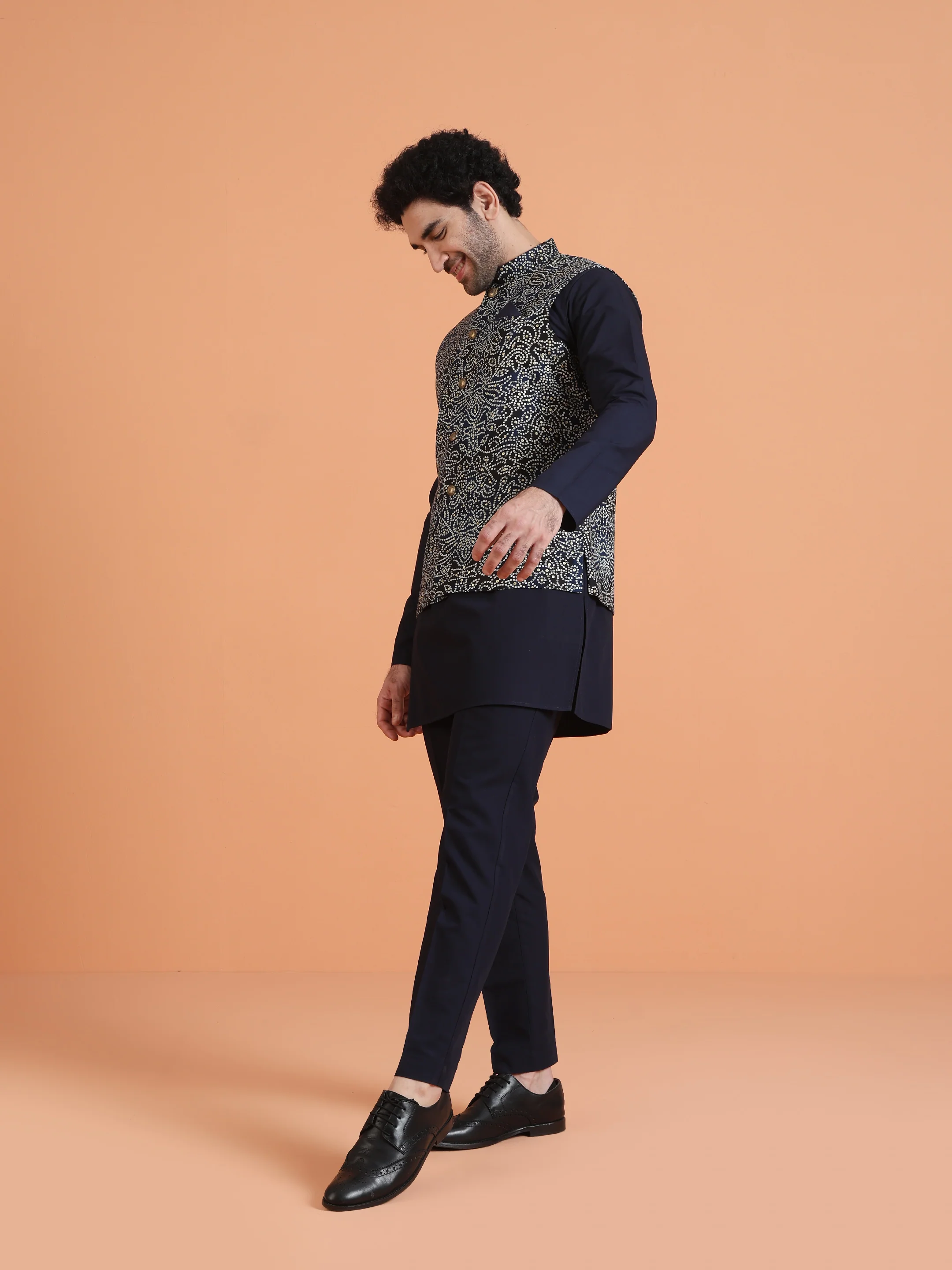 Navy Blue Silk Blend Embroidered Kurta Jacket Set - Image 8