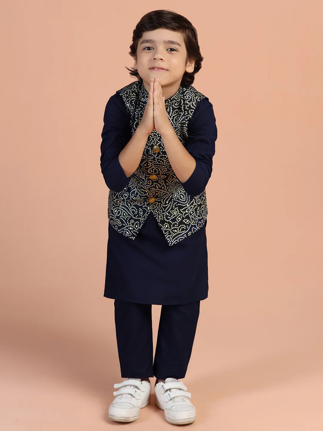 Navy Blue Printed Kids Kurta Jacket Set - Image 2