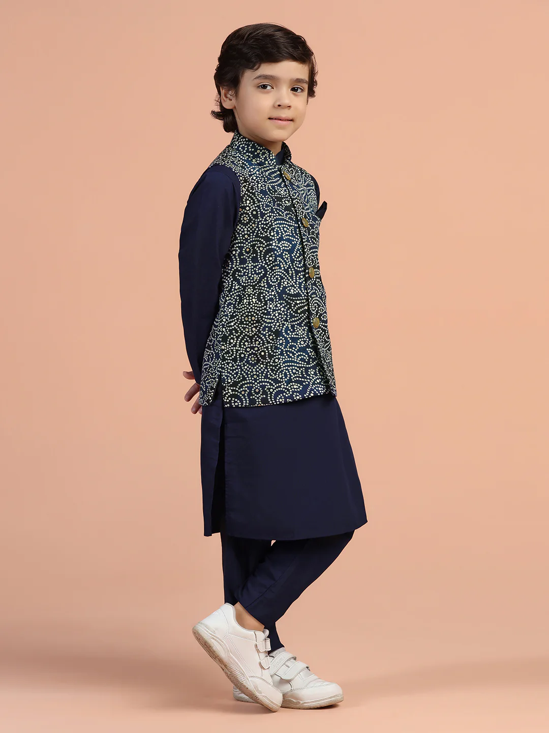 Navy Blue Printed Kids Kurta Jacket Set - Image 7
