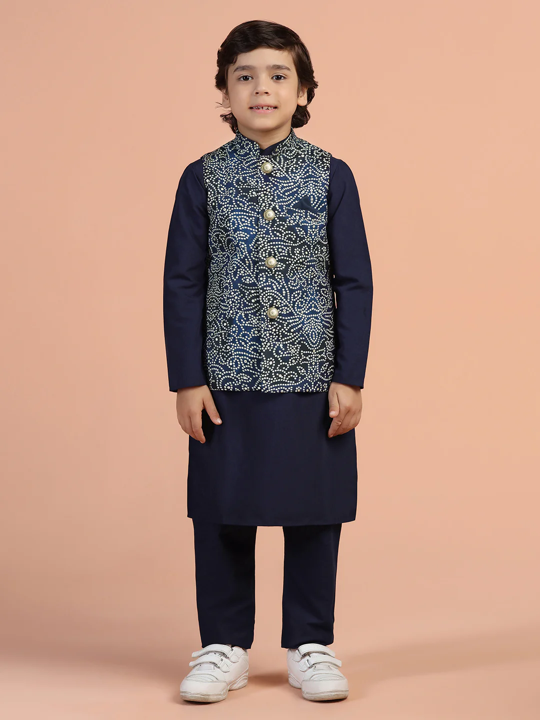 Navy Blue Printed Kids Kurta Jacket Set - Image 8