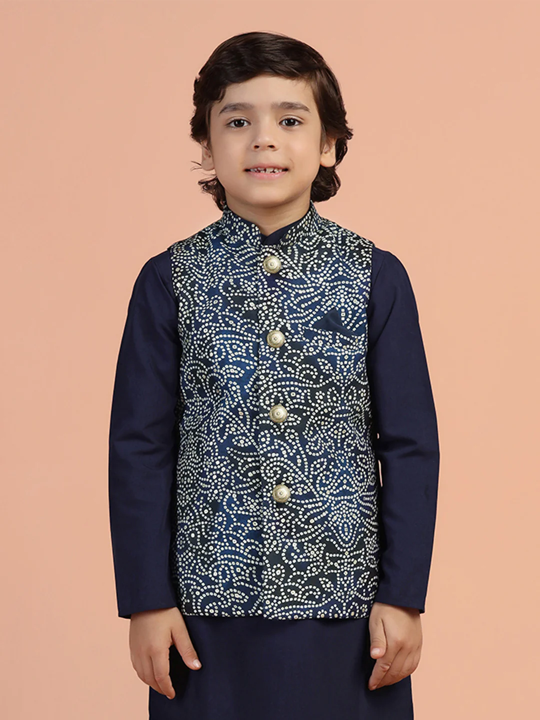 Navy Blue Printed Kids Kurta Jacket Set - Image 9