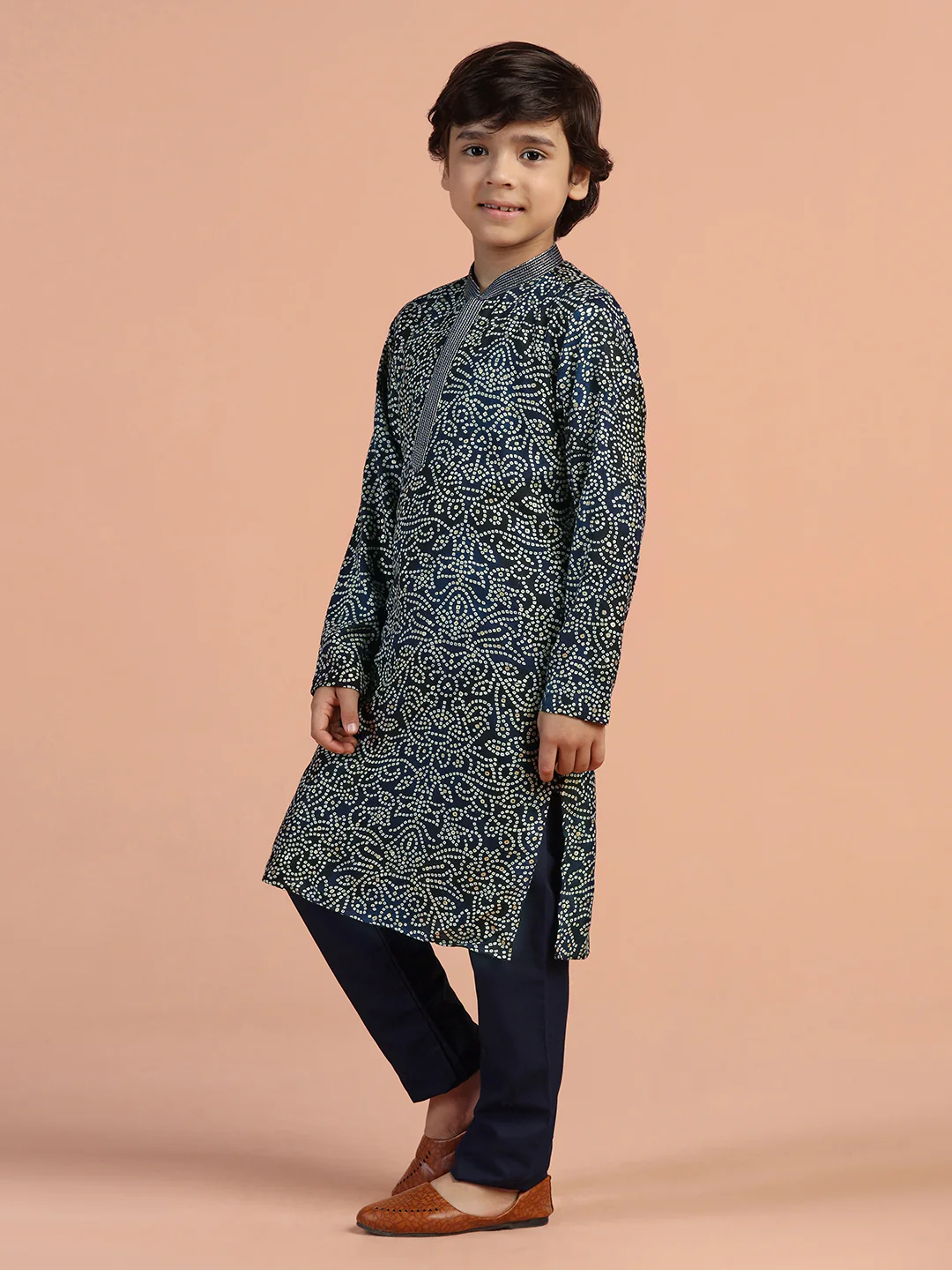 Navy Blue Printed Kids Kurta Set - Image 2