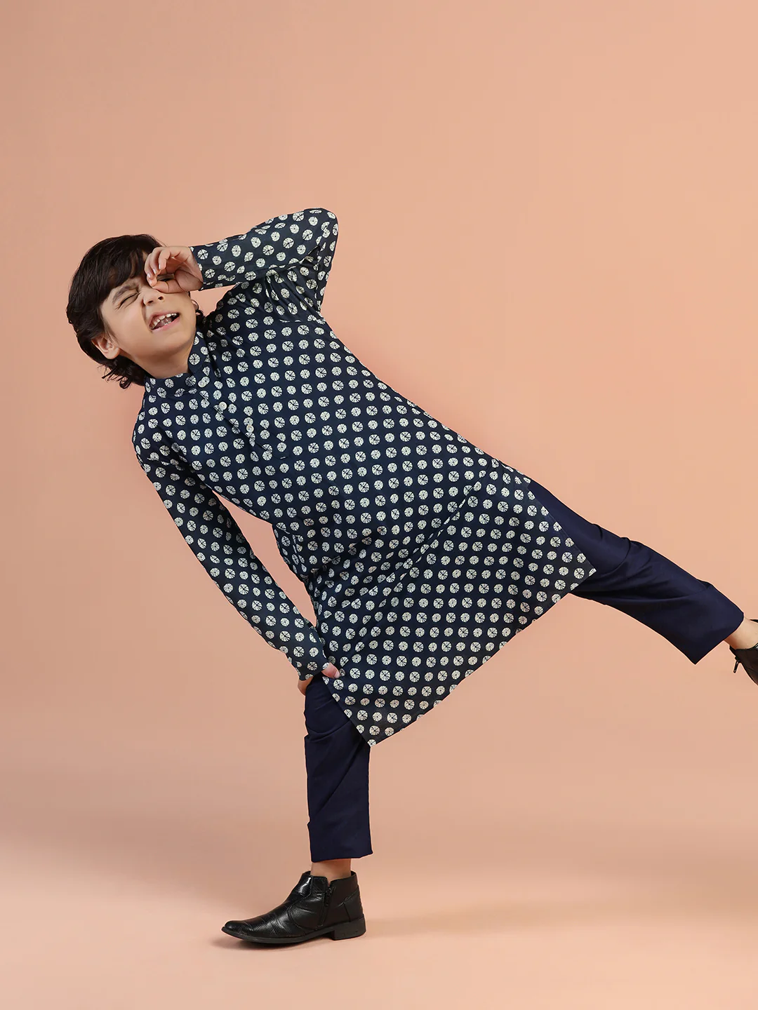 Navy Blue Printed Kids Kurta Set