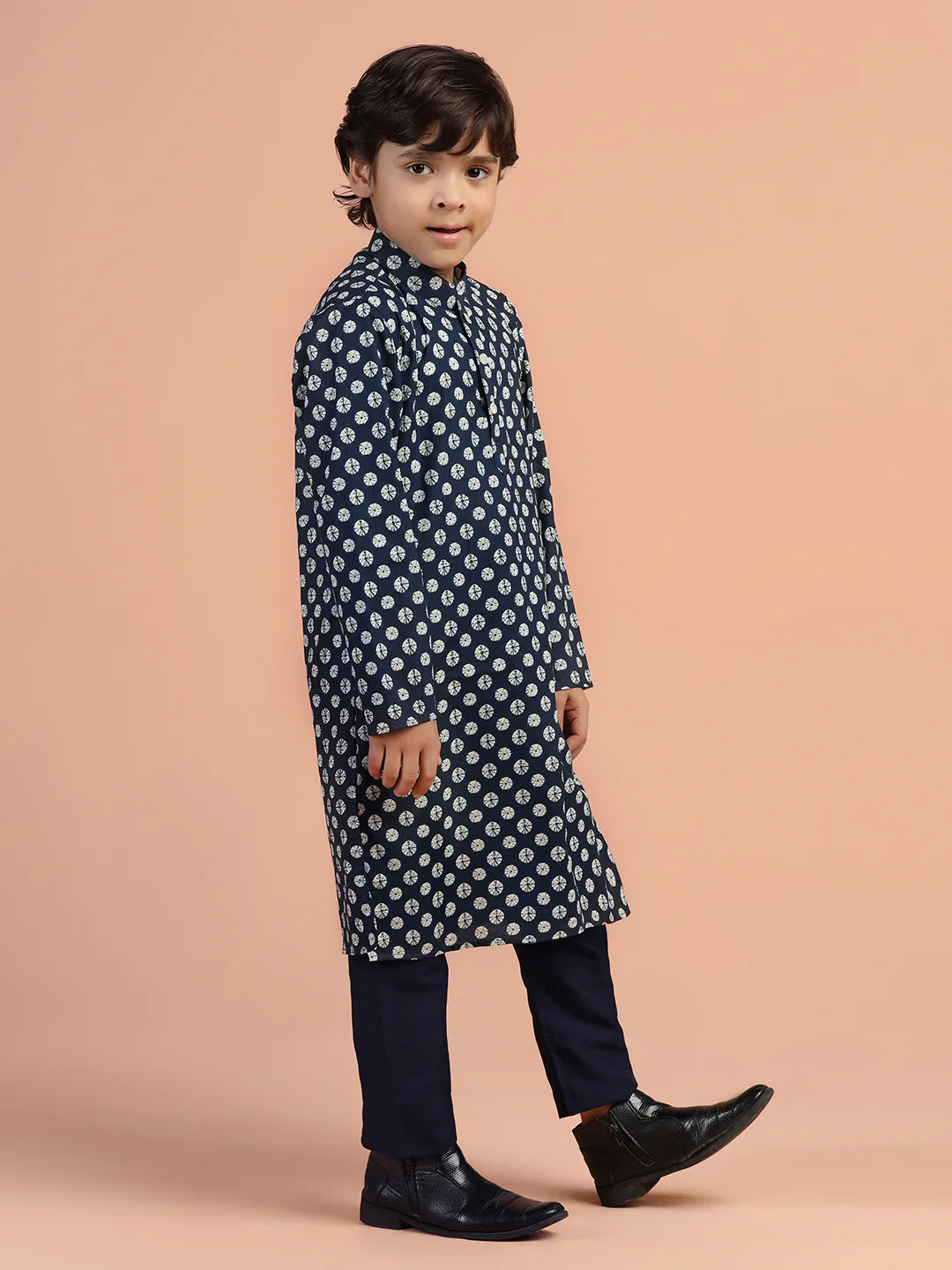 Navy Blue Printed Kids Kurta Set - Image 3