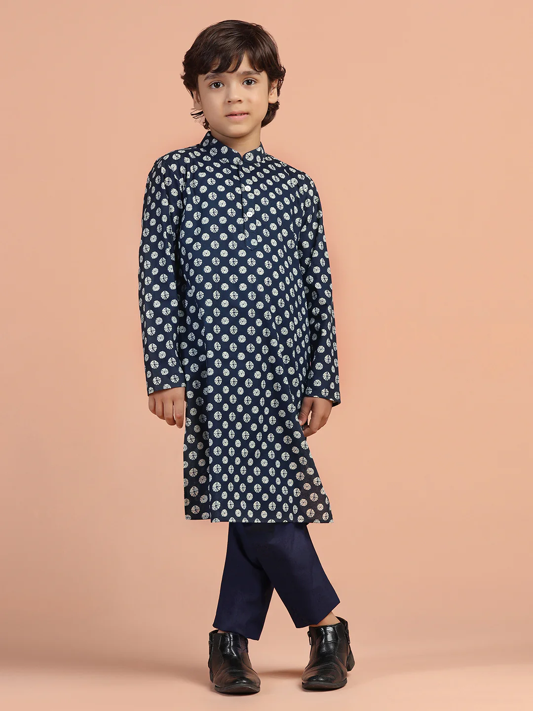 Navy Blue Printed Kids Kurta Set - Image 7