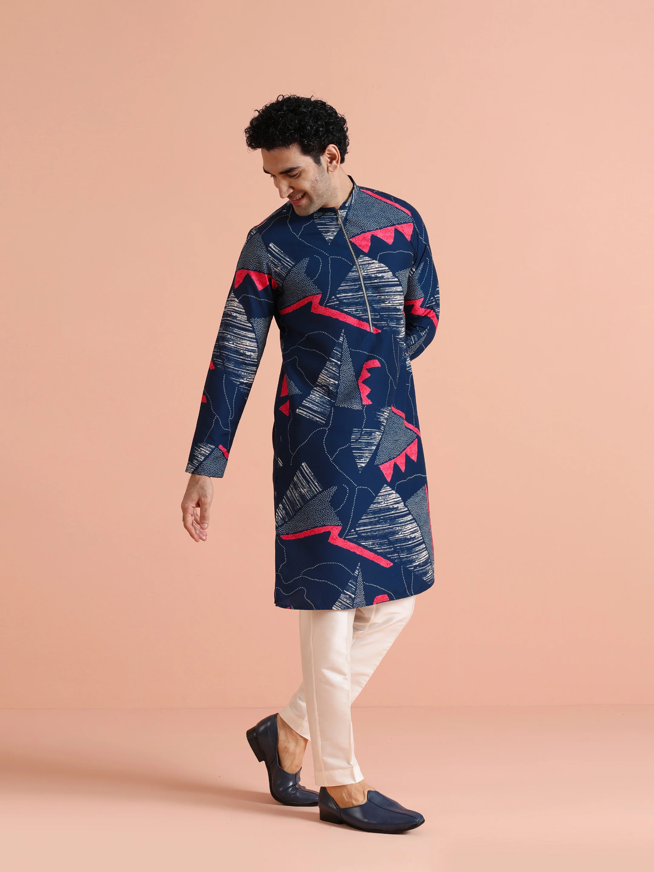 Navy Blue Printed Kurta Trouser Set - Image 3