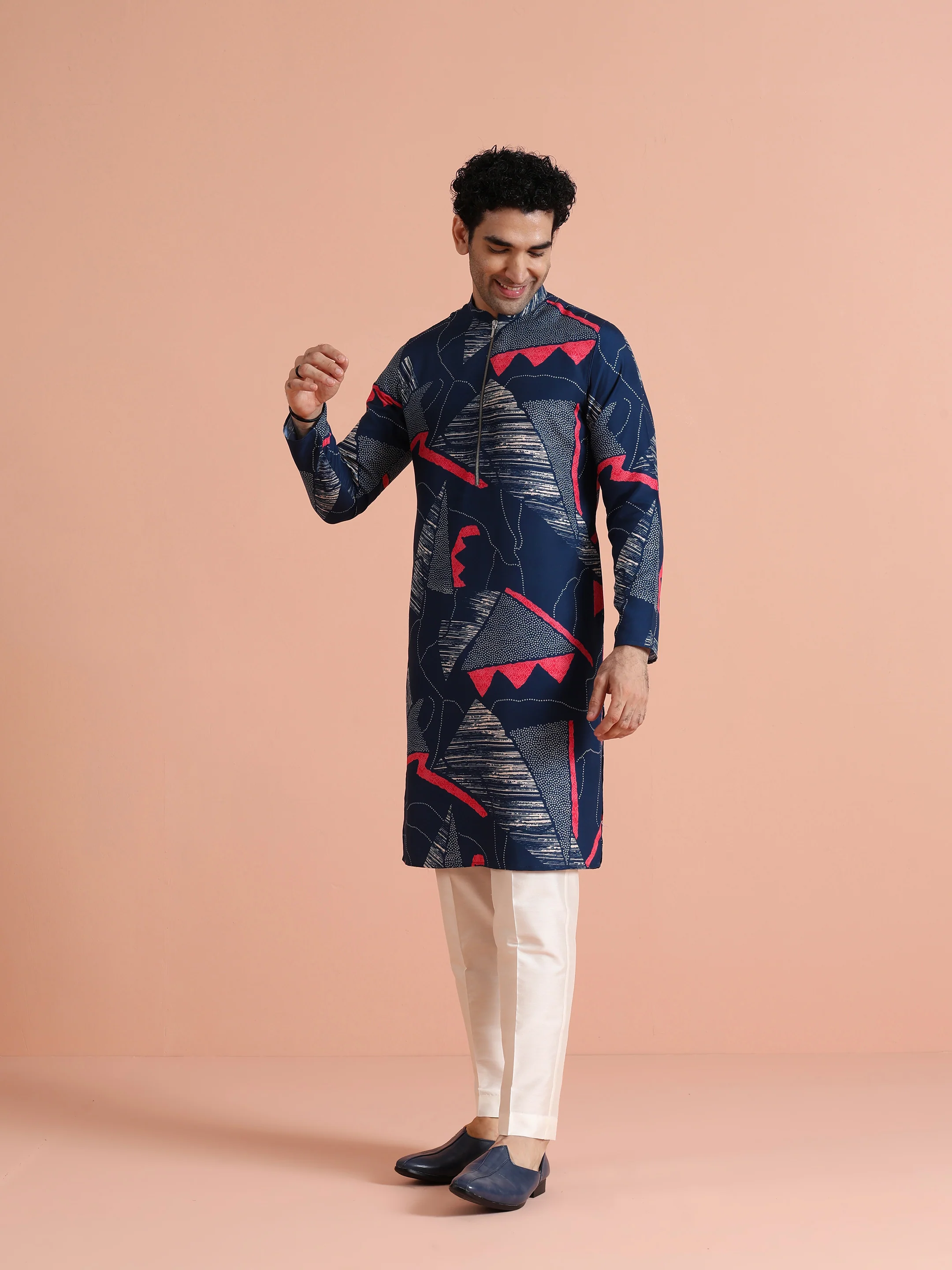 Navy Blue Printed Kurta Trouser Set - Image 4