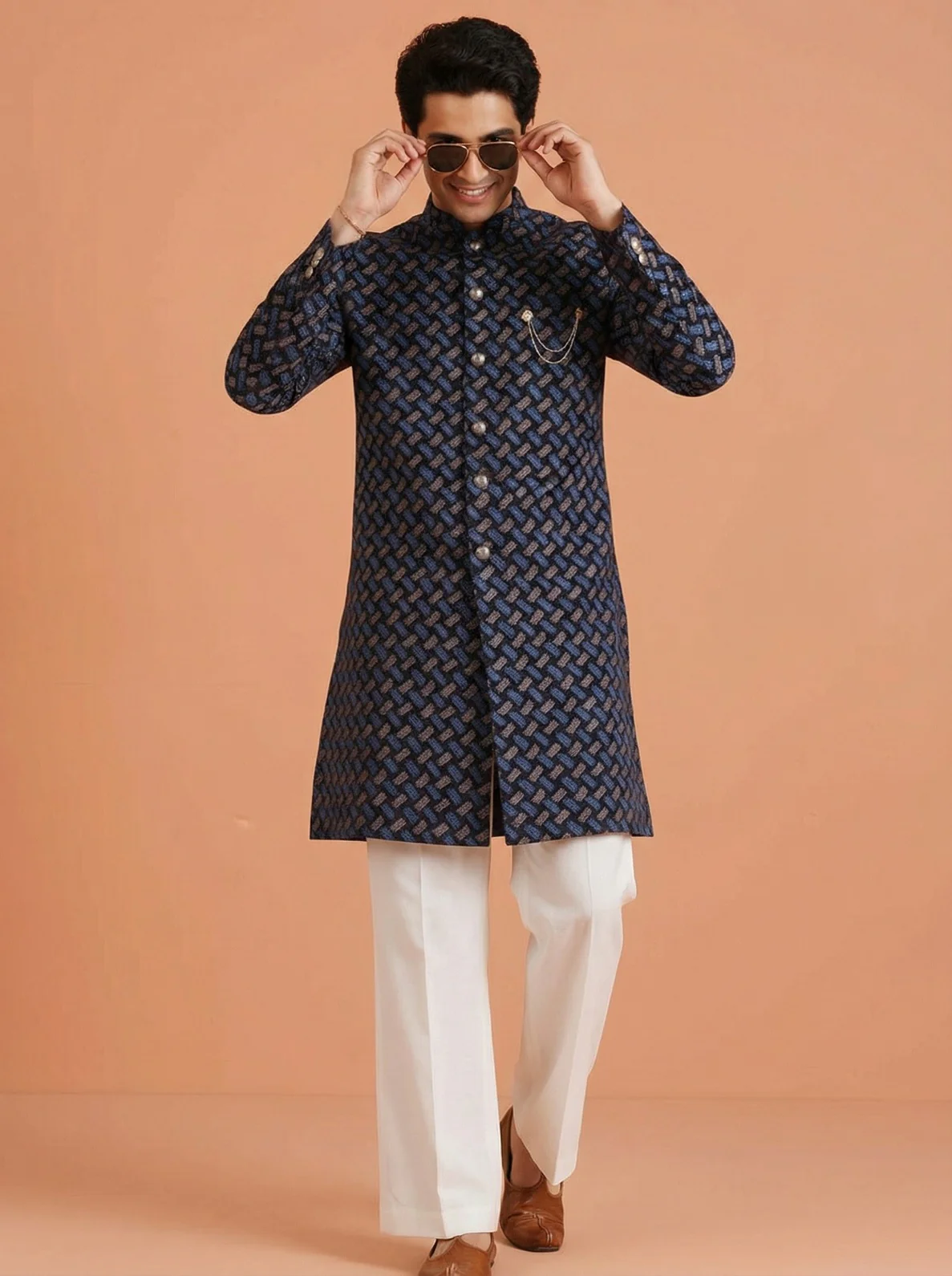 Navy Blue Pure Cotton Printed Sherwani Wide Leg Trouser Set