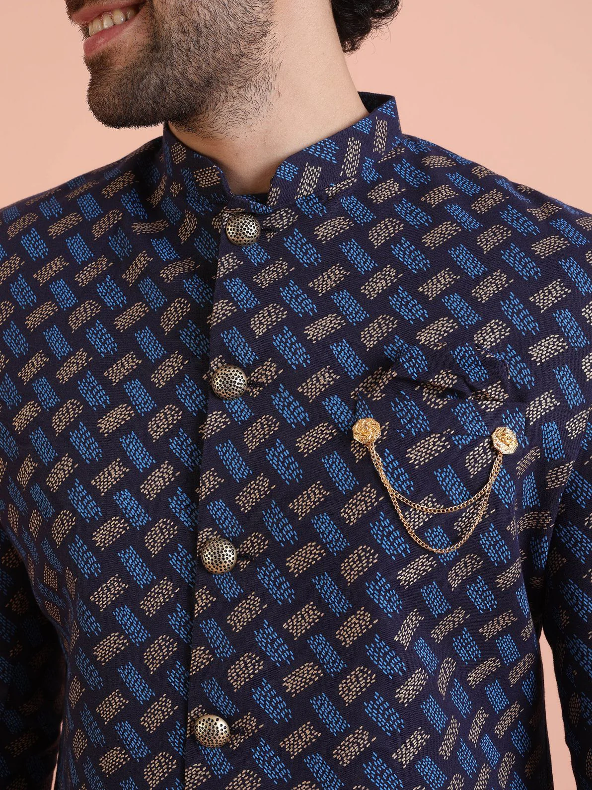Navy Blue Pure Cotton Printed Sherwani Wide Leg Trouser Set - Image 4