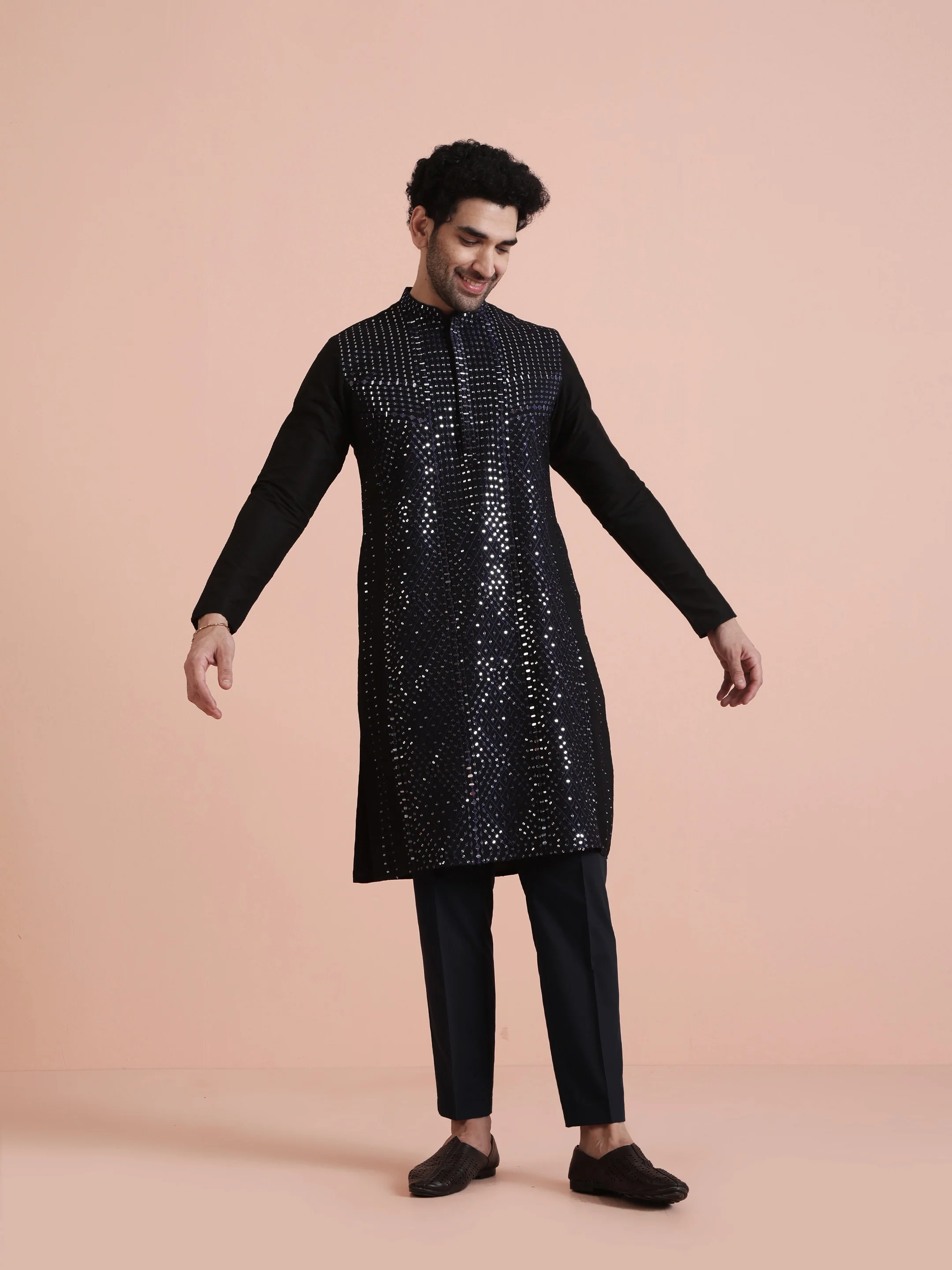 Navy Blue Sequin Embellished Kurta Set - Image 7