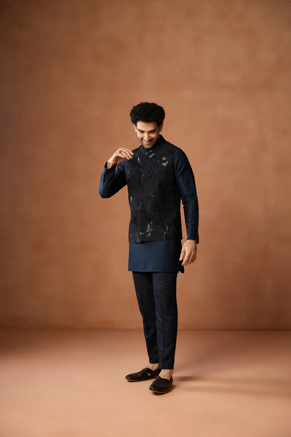 Navy Blue Sequin Embroidered Jacket Kurta Set