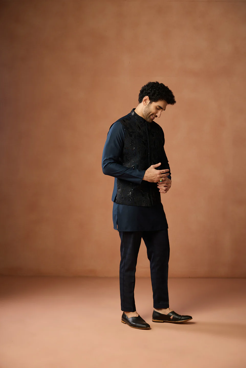 Navy Blue Sequin Embroidered Jacket Kurta Set - Image 2
