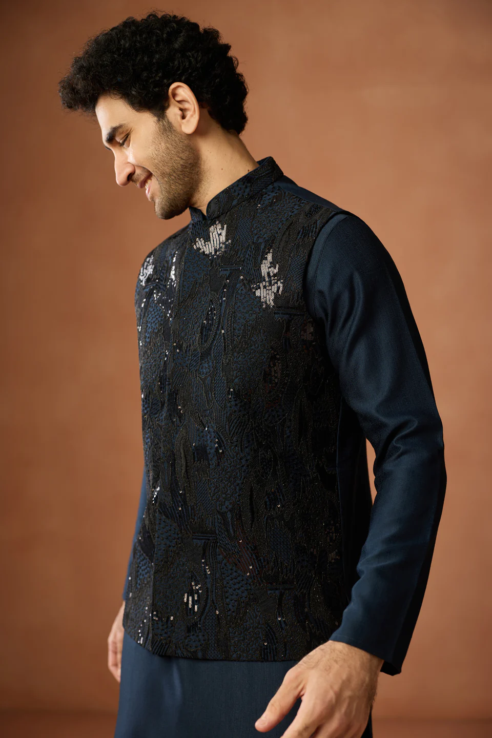 Navy Blue Sequin Embroidered Nehru Jacket