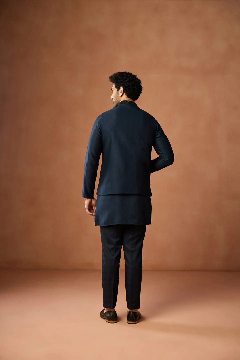 Navy Blue Sequin Embroidered Nehru Jacket - Image 4