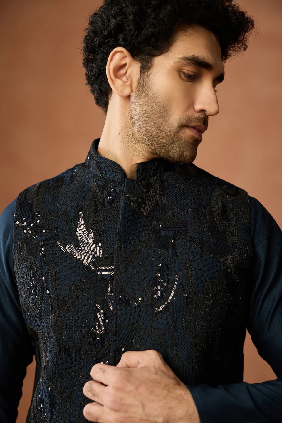 Navy Blue Sequin Embroidered Nehru Jacket - Image 5