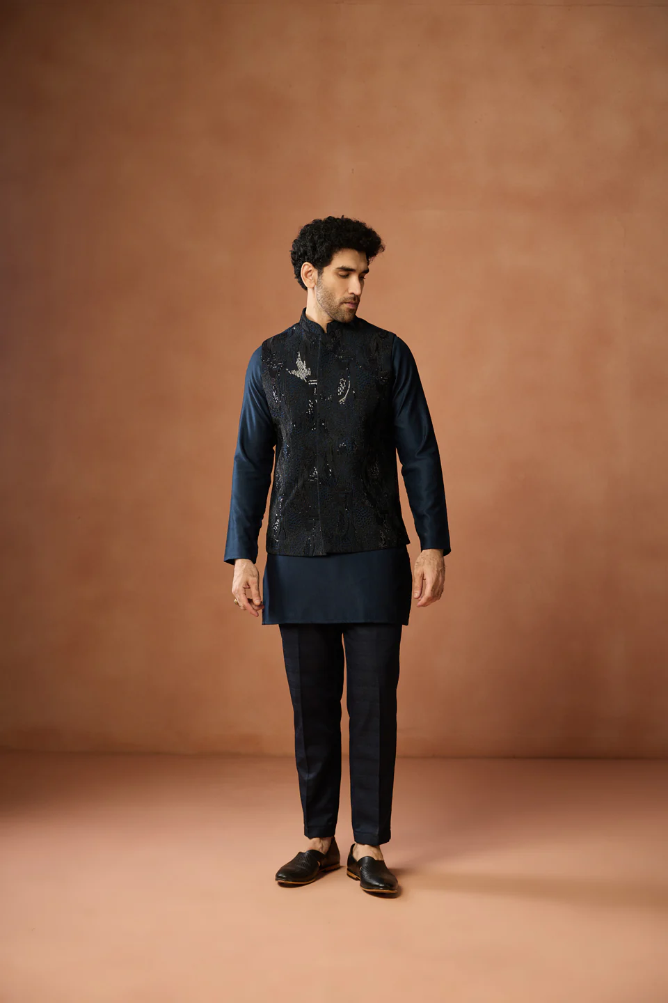 Navy Blue Sequin Embroidered Nehru Jacket - Image 6