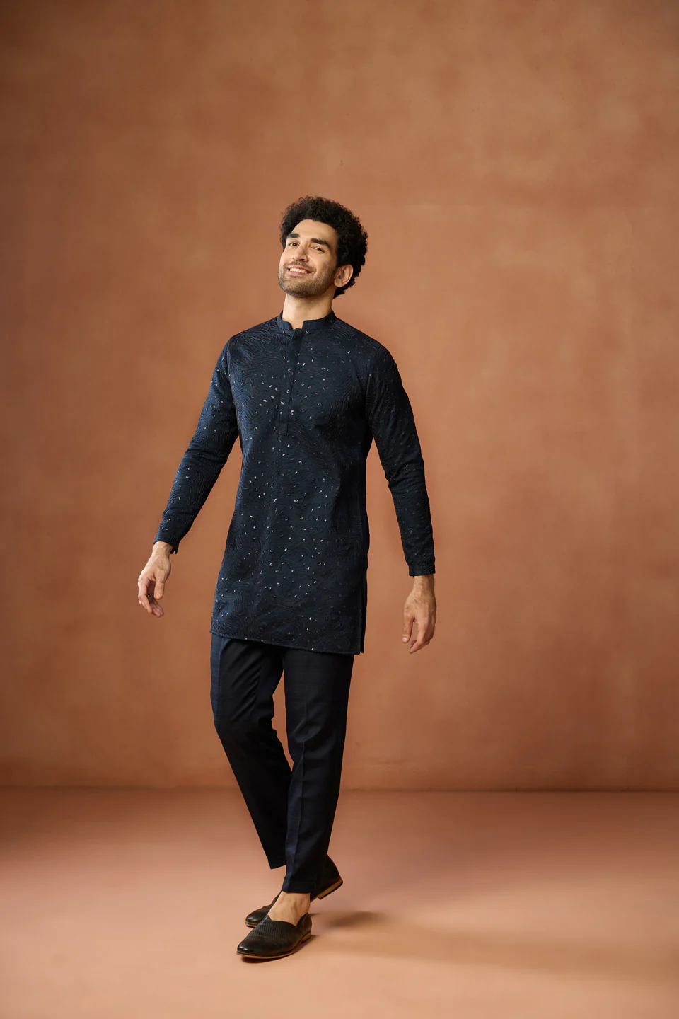 Navy Blue Sequinned Mid Kurta Trouser Set - Image 3