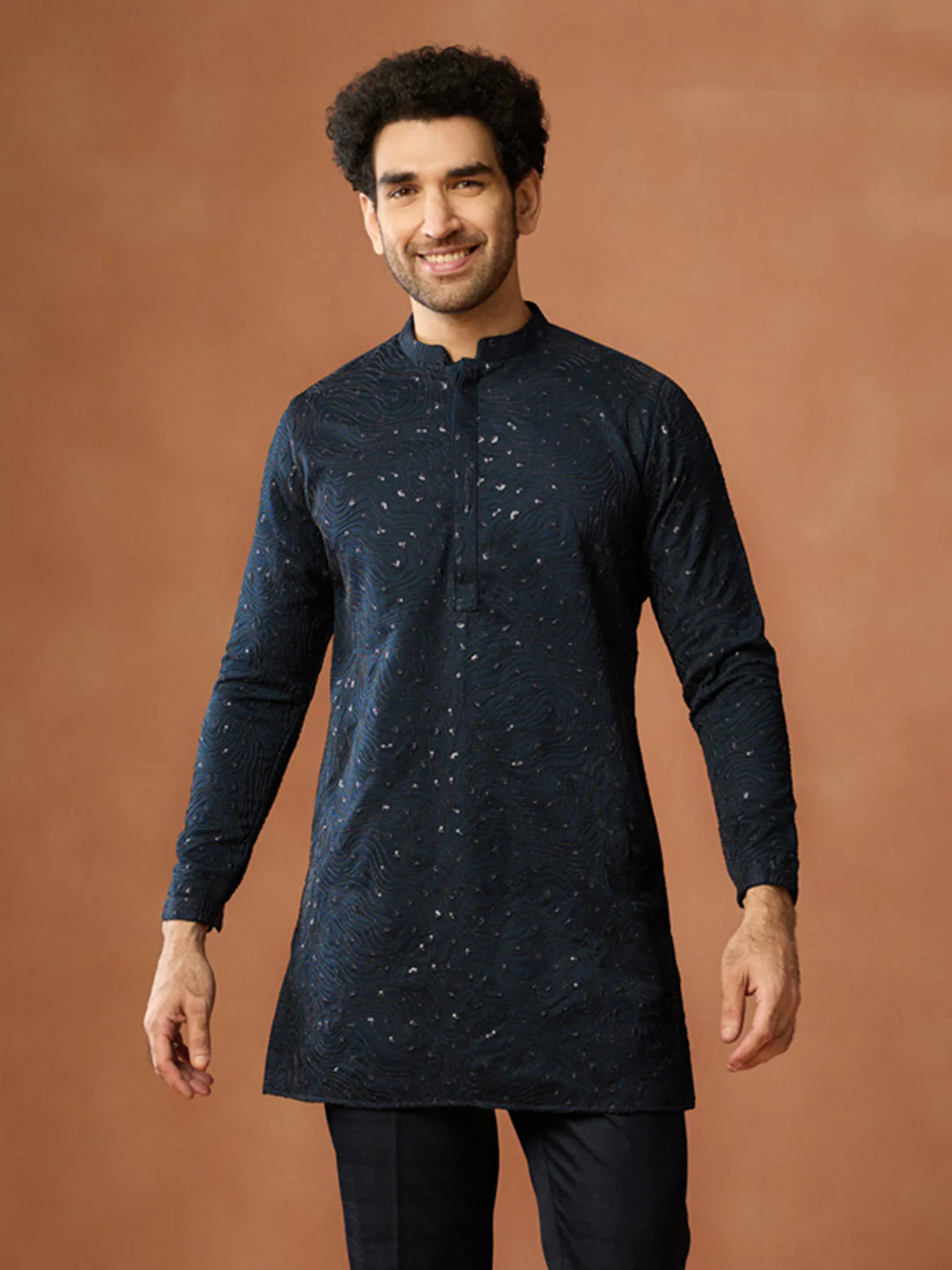 Navy Blue Sequinned Mid Kurta Trouser Set - Image 6