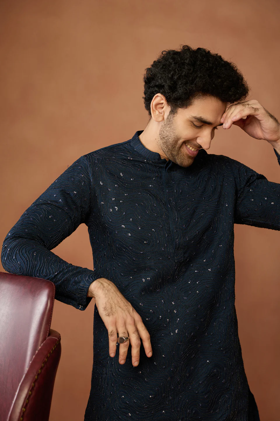 Navy Blue Sequinned Mid Kurta Trouser Set - Image 8