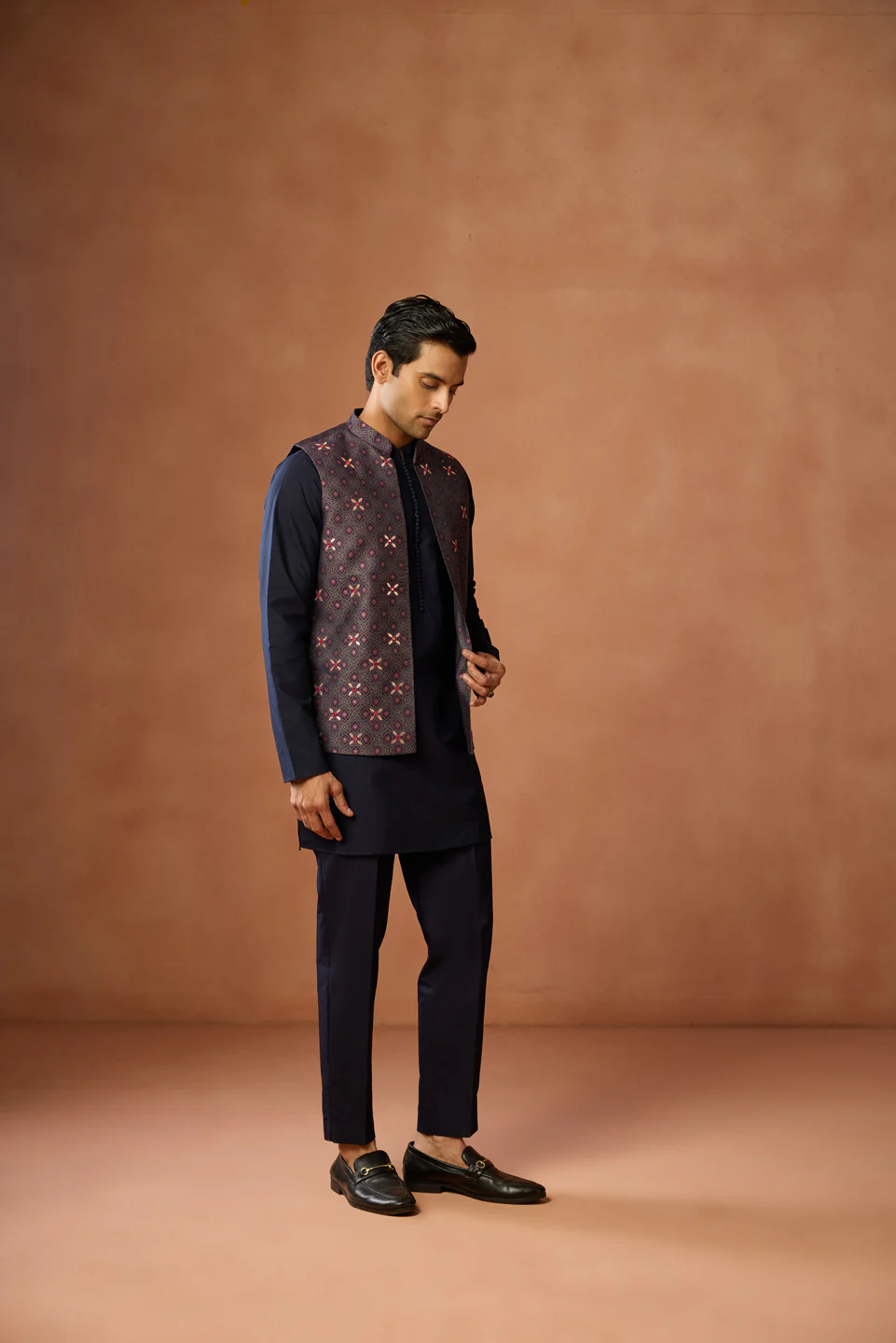 Navy Blue Silk Blend Brocade Jacket Kurta Trouser Set