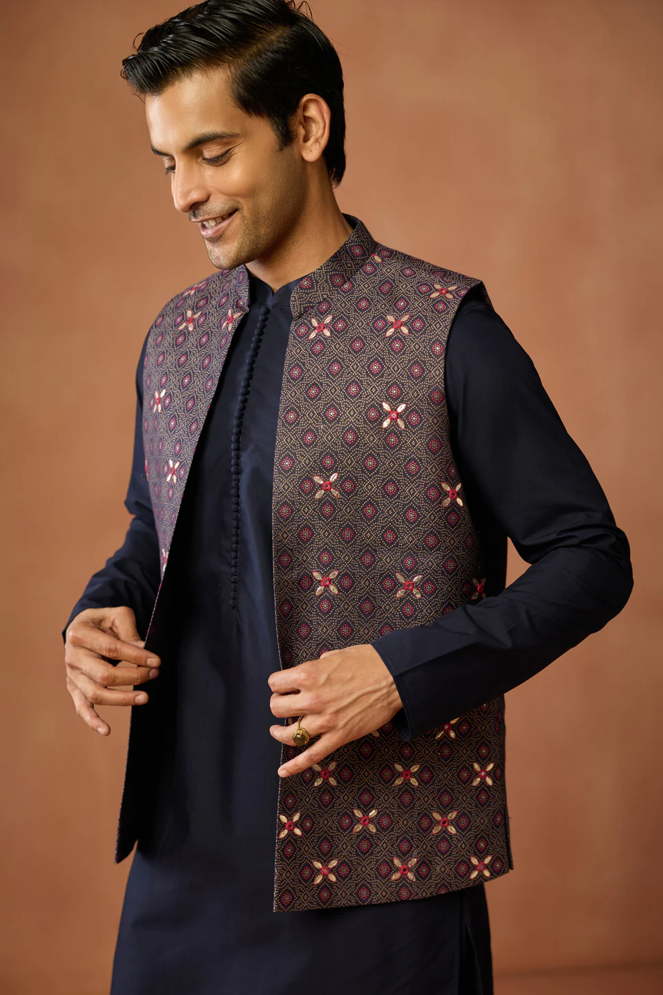 Navy Blue Silk Blend Brocade Jacket Kurta Trouser Set - Image 8