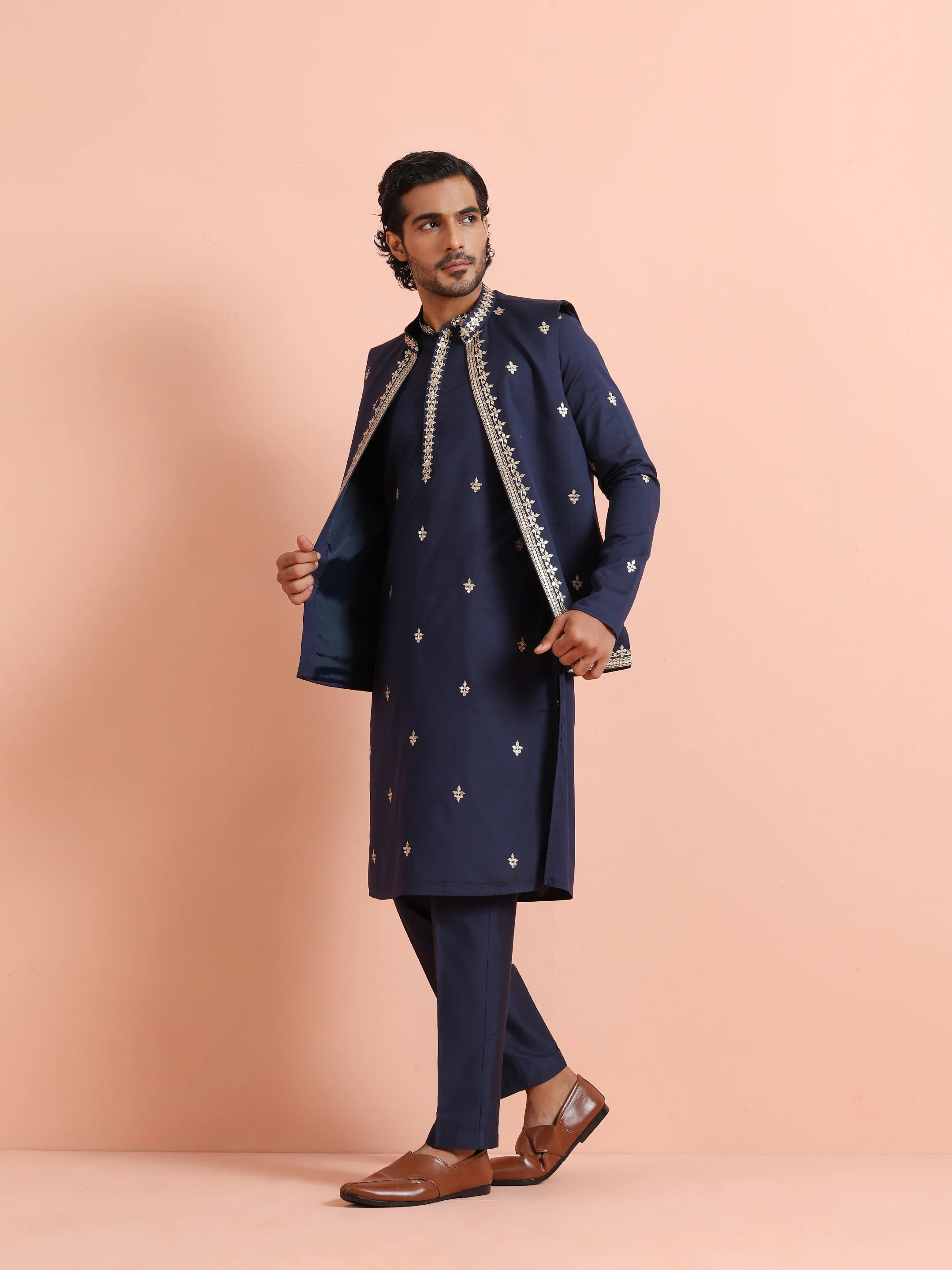 Navy Blue Silk Blend Embroidered Kurta Front Open Jacket Trouser Set - Image 2