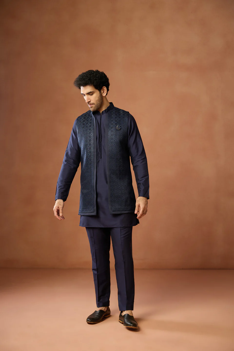 Navy Blue Silk Blend Jacket Kurta Trouser Set