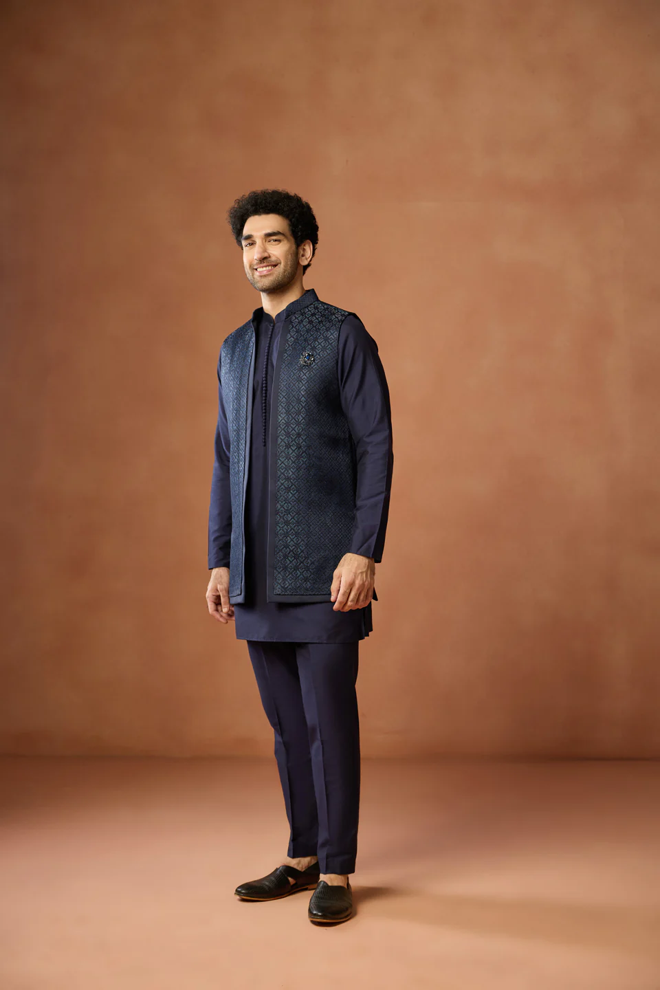 Navy Blue Silk Blend Jacket Kurta Trouser Set - Image 2
