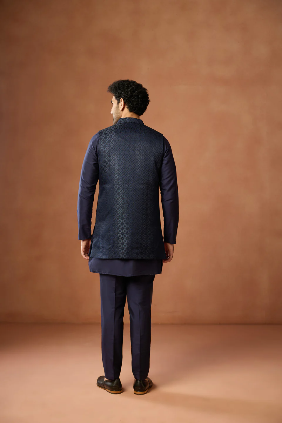 Navy Blue Silk Blend Jacket Kurta Trouser Set - Image 4