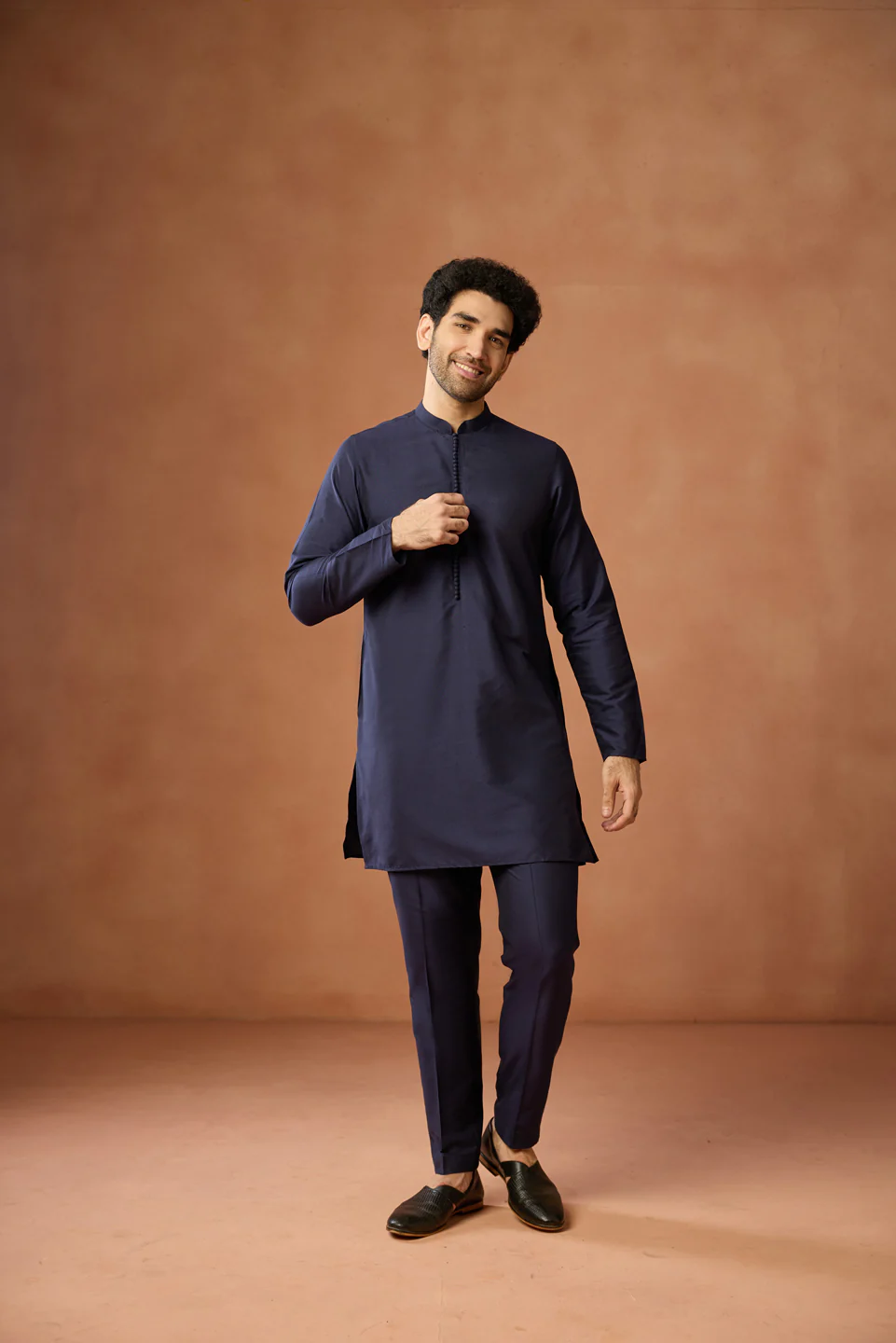 Navy Blue Silk Blend Jacket Kurta Trouser Set - Image 7
