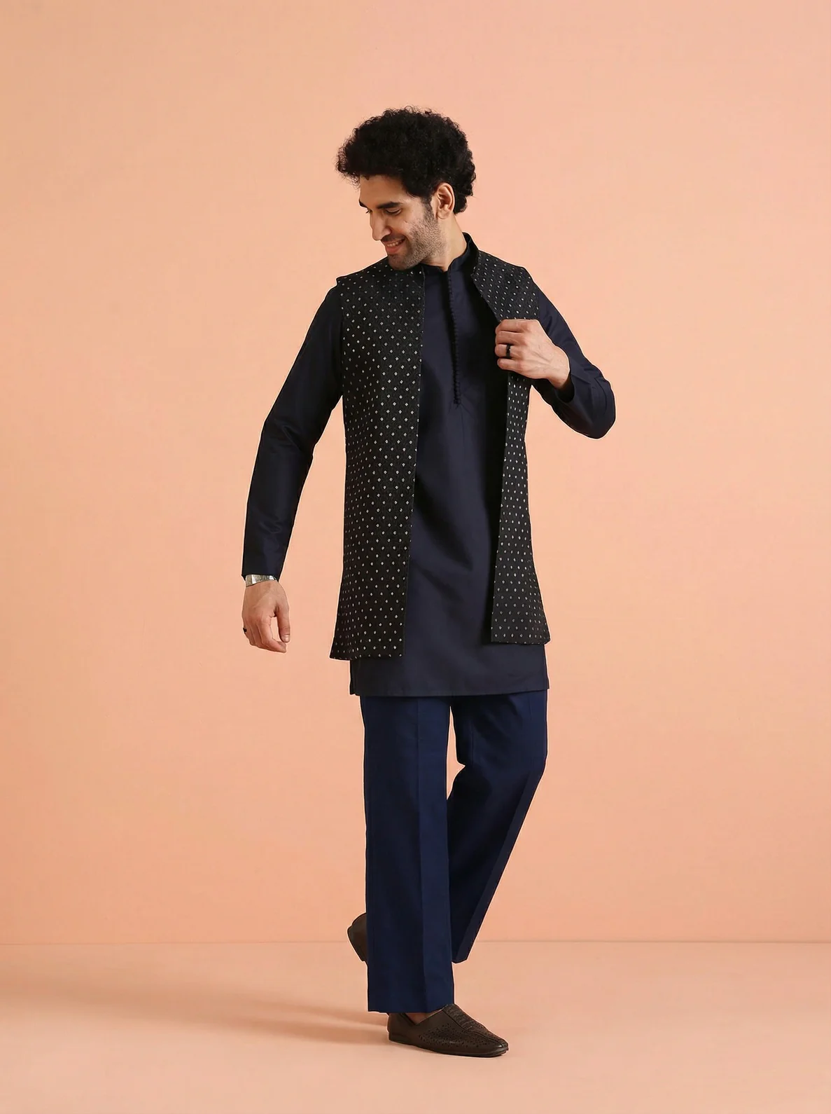 Navy Blue Silk Blend Jacquard Mid Kurta Front Open Jacket Wide Leg Trouser Set - Image 2