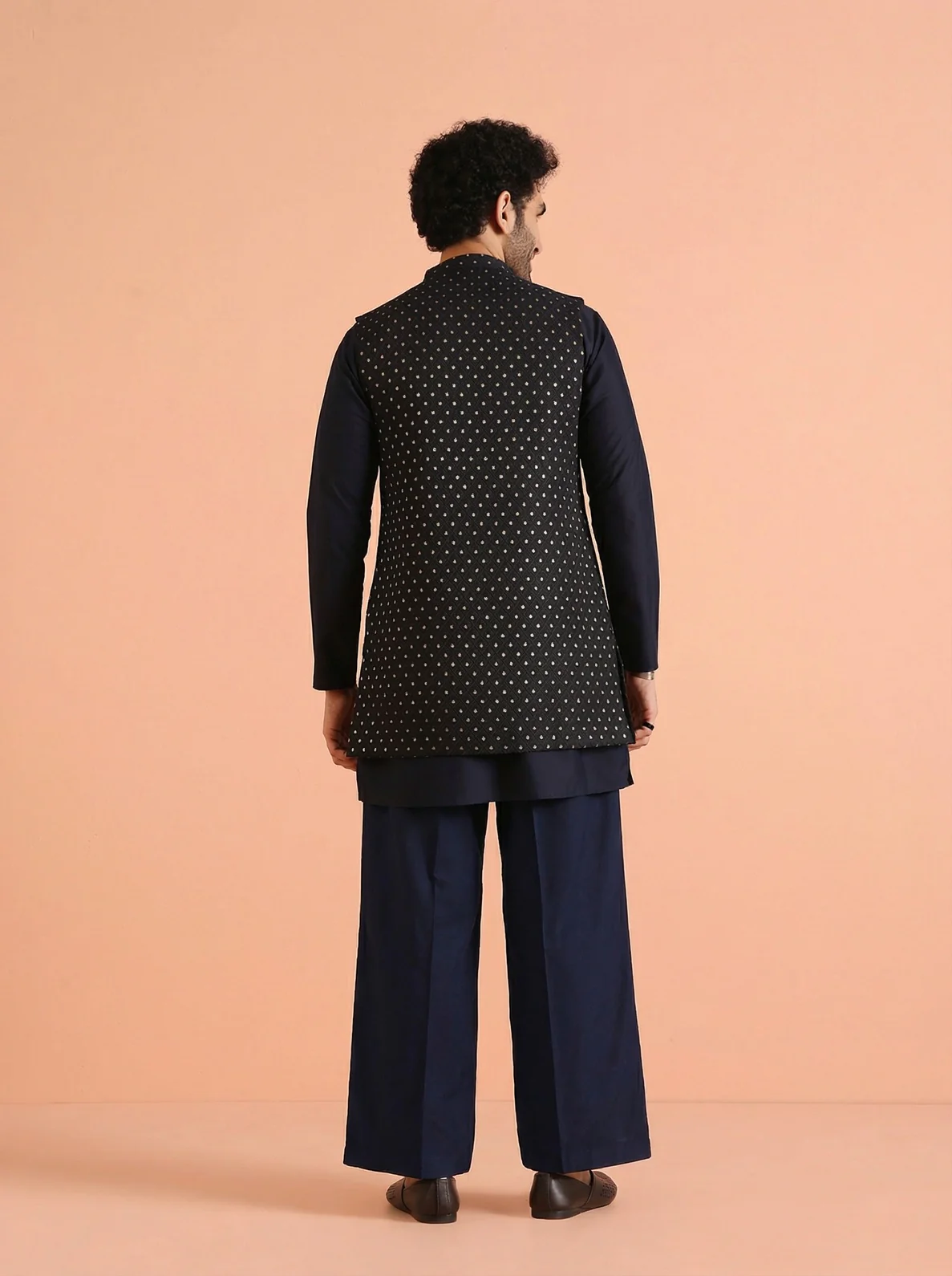 Navy Blue Silk Blend Jacquard Mid Kurta Front Open Jacket Wide Leg Trouser Set - Image 3