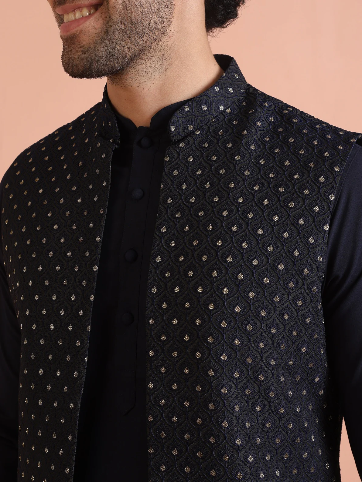 Navy Blue Silk Blend Jacquard Mid Kurta Front Open Jacket Wide Leg Trouser Set - Image 4