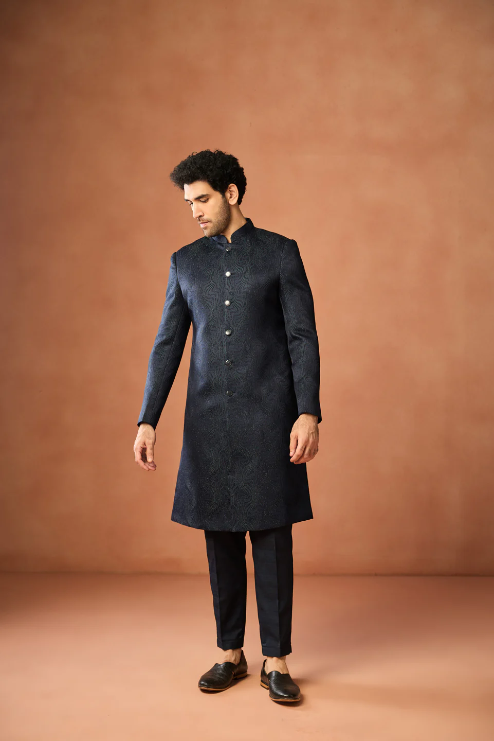 Navy Blue Silk Blend Long Sherwani Set