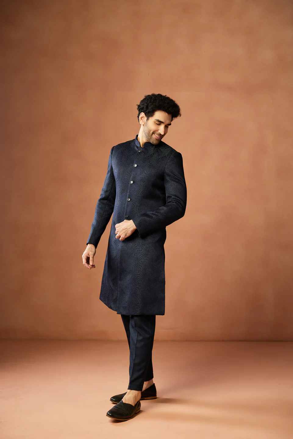 Navy Blue Silk Blend Long Sherwani Set - Image 3