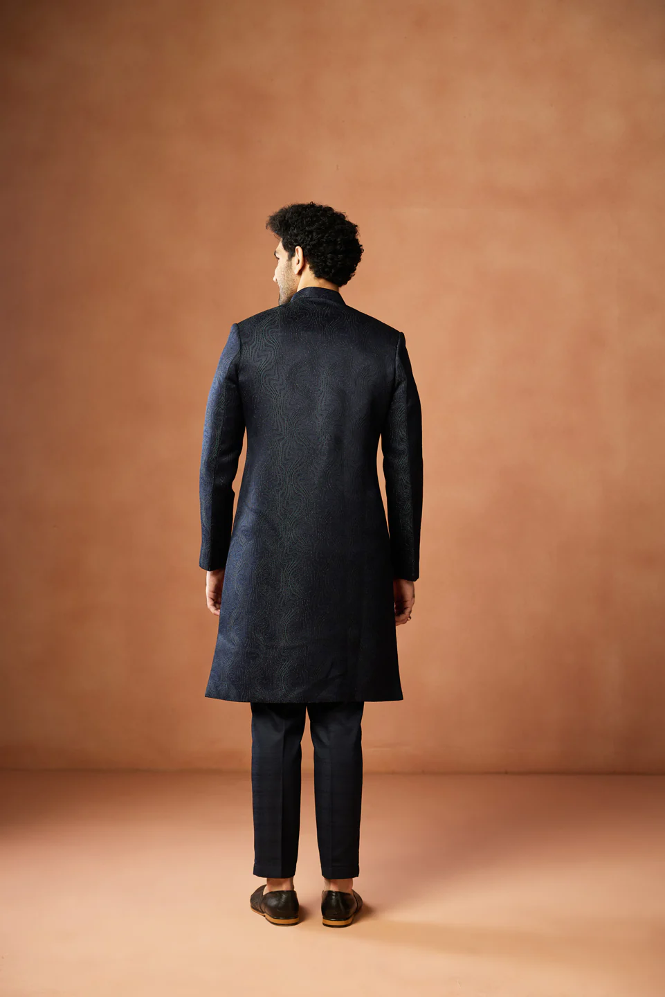 Navy Blue Silk Blend Long Sherwani Set - Image 4