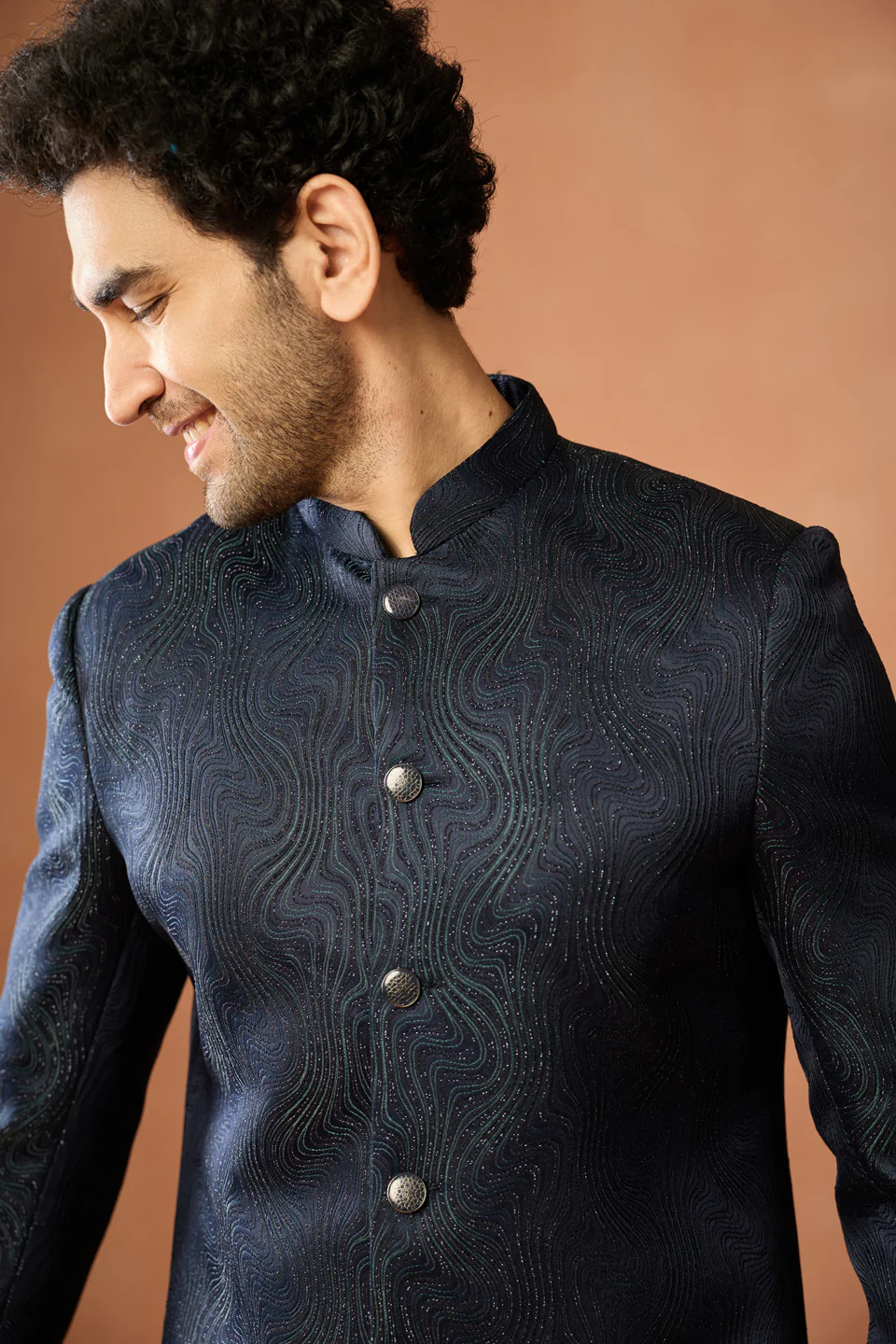 Navy Blue Silk Blend Long Sherwani Set - Image 5
