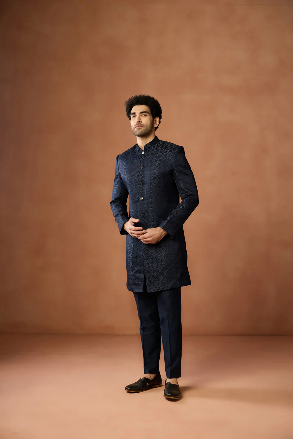 Navy Blue Silk Blend Jacquard Sherwani Set